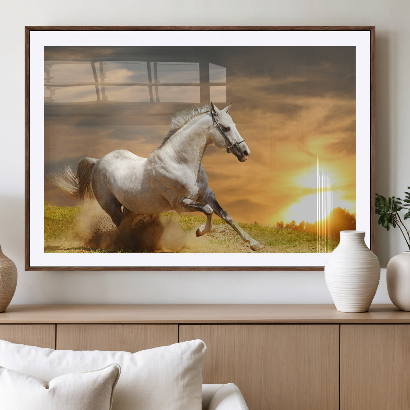 White Horse Running Canvas Sunset Wall Art