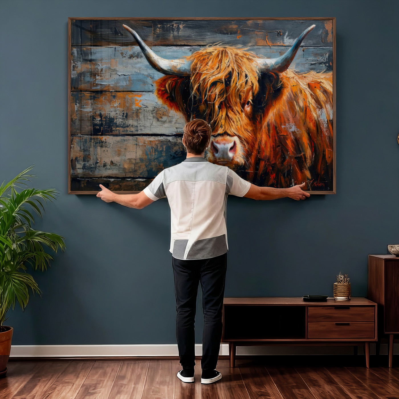 Highland Cow Wall Art Canvas Print, Abstract Rustic Farm