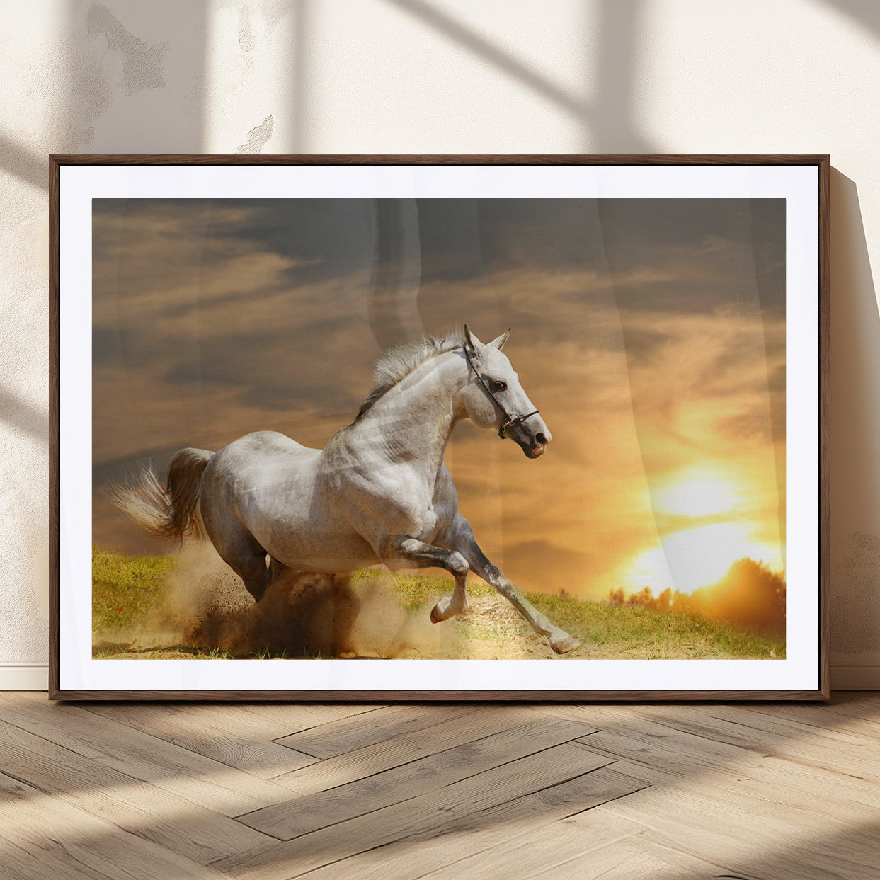 White Horse Running Canvas Sunset Wall Art