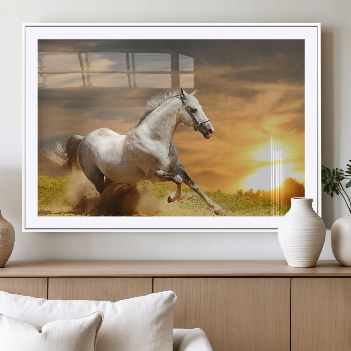 White Horse Running Canvas Sunset Wall Art