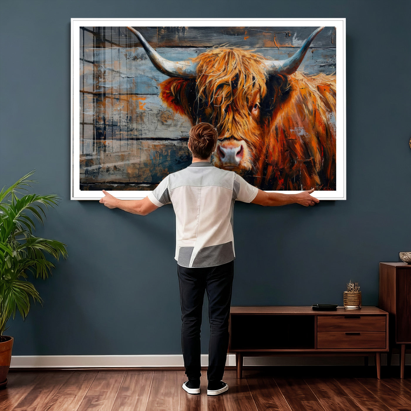 Highland Cow Wall Art Canvas Print, Abstract Rustic Farm