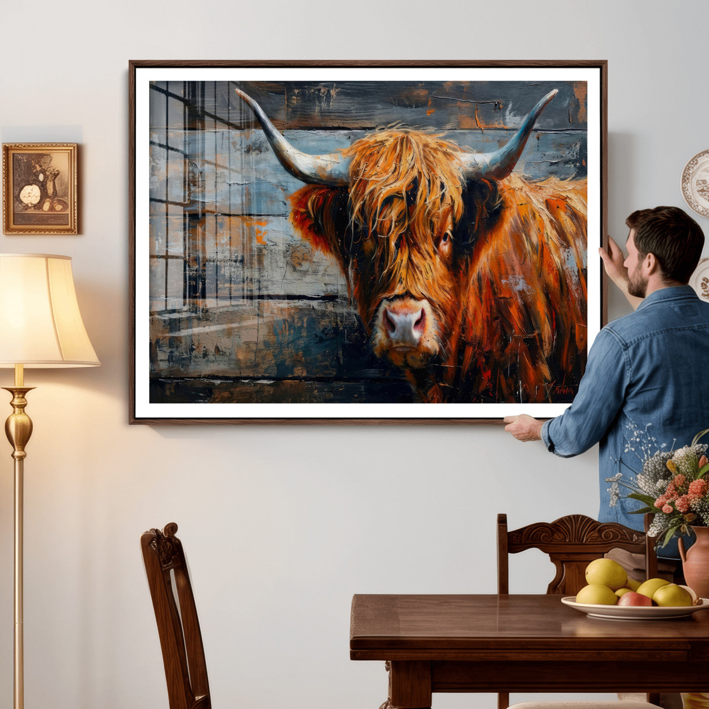 Highland Cow Wall Art Canvas Print, Abstract Rustic Farm