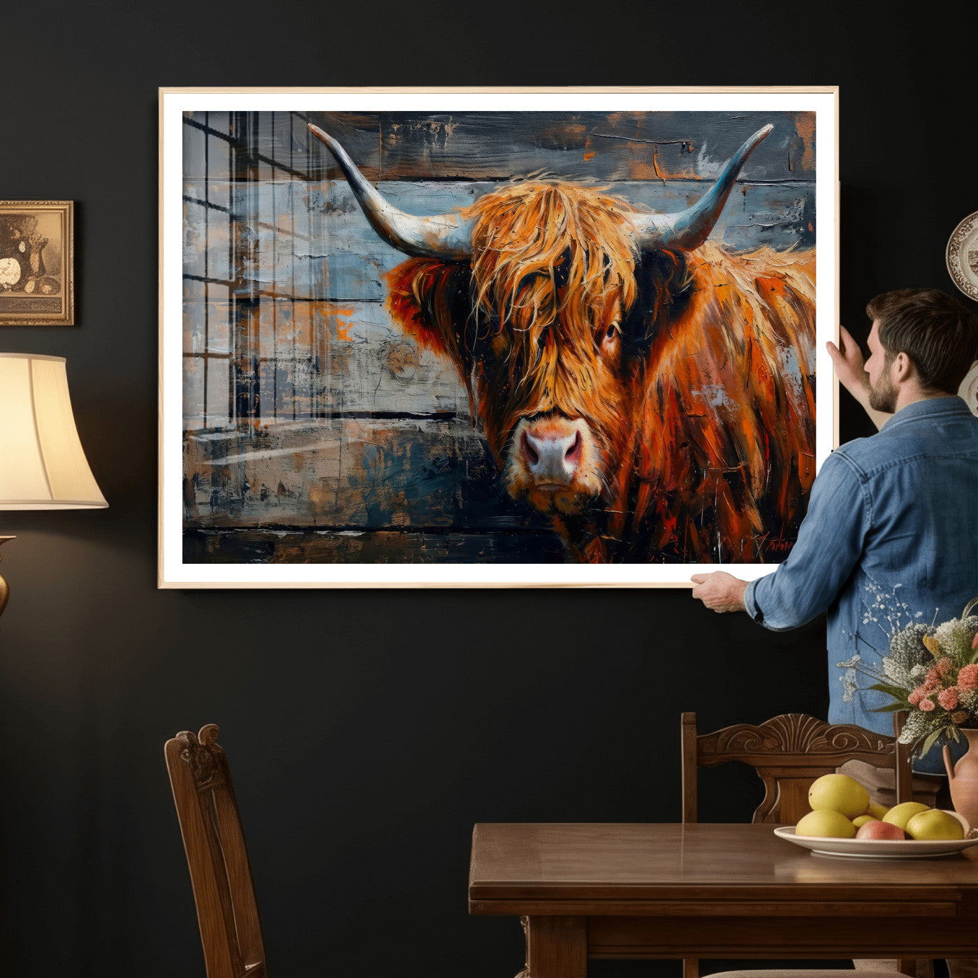 Highland Cow Wall Art Canvas Print, Abstract Rustic Farm
