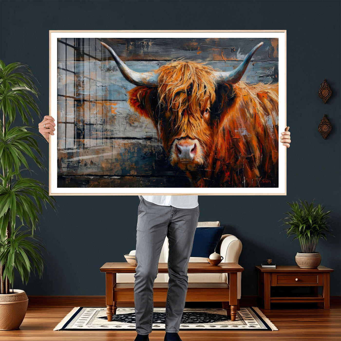 Highland Cow Wall Art Canvas Print, Abstract Rustic Farm