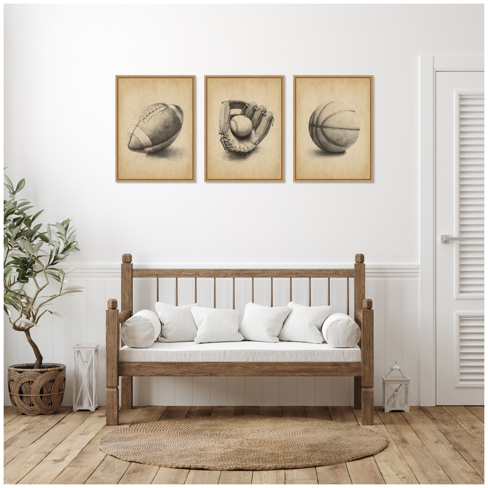 Walnut Antique Football 3 Piece Framed Canvas Wall Art Set by The Creative Bunch Studio