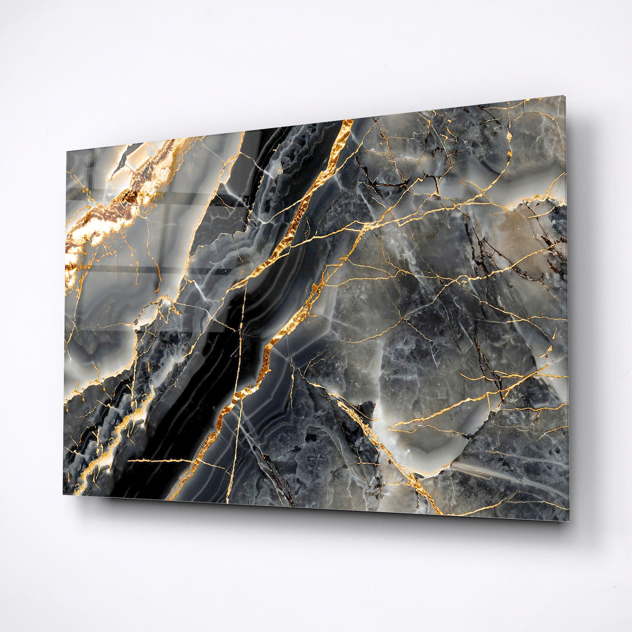 Glass wall art, black marble, gold line