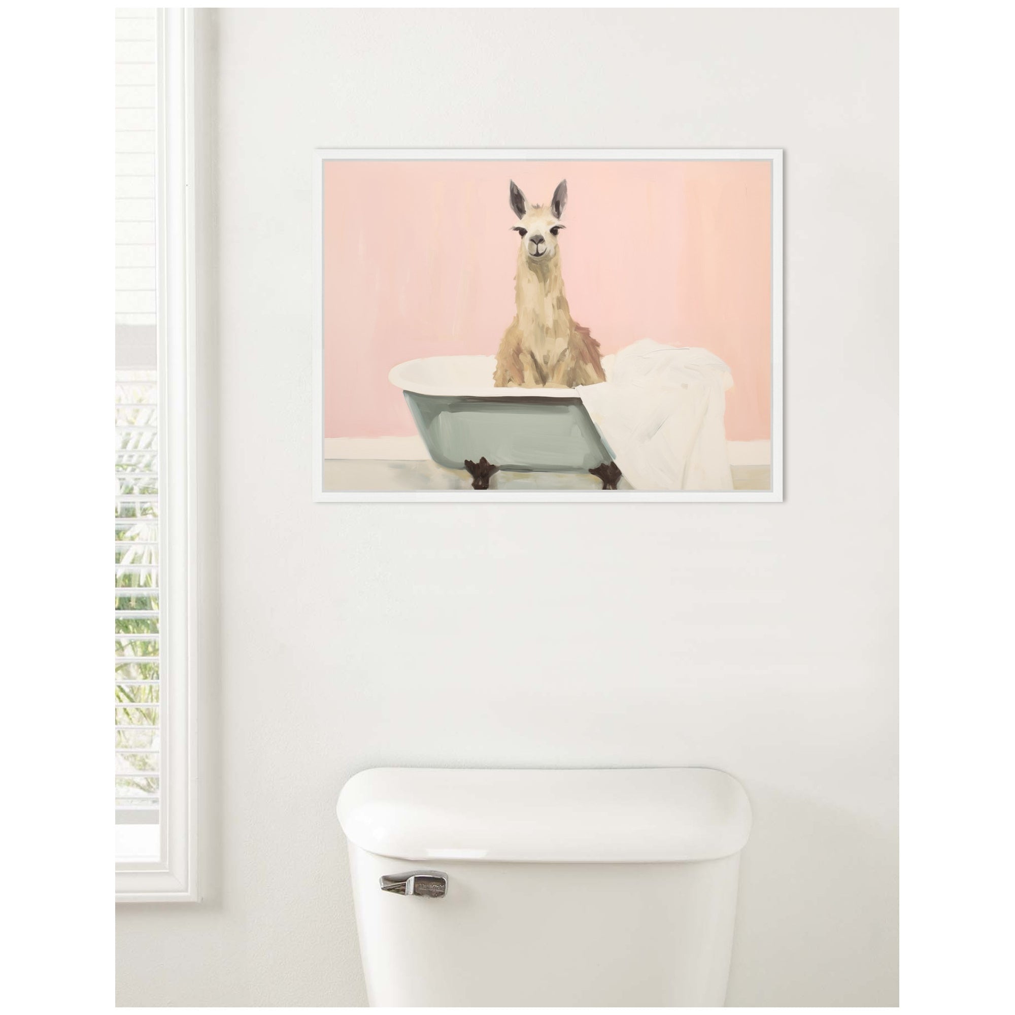 Sylvie Charming Boho Cottage Farmhouse Llama in Bathtub Framed Canvas by The Creative Bunch Studio