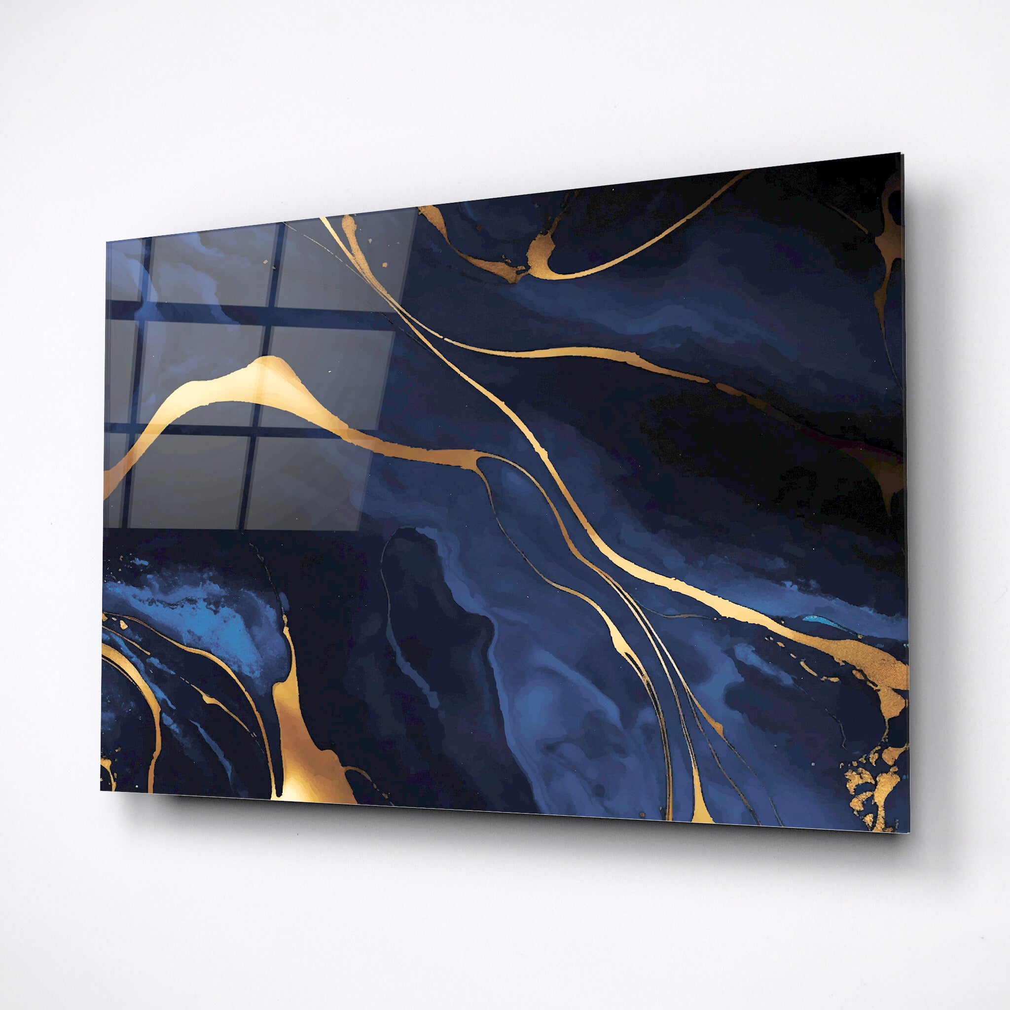 Tempered glass wall art, lux home decor, dark blue print