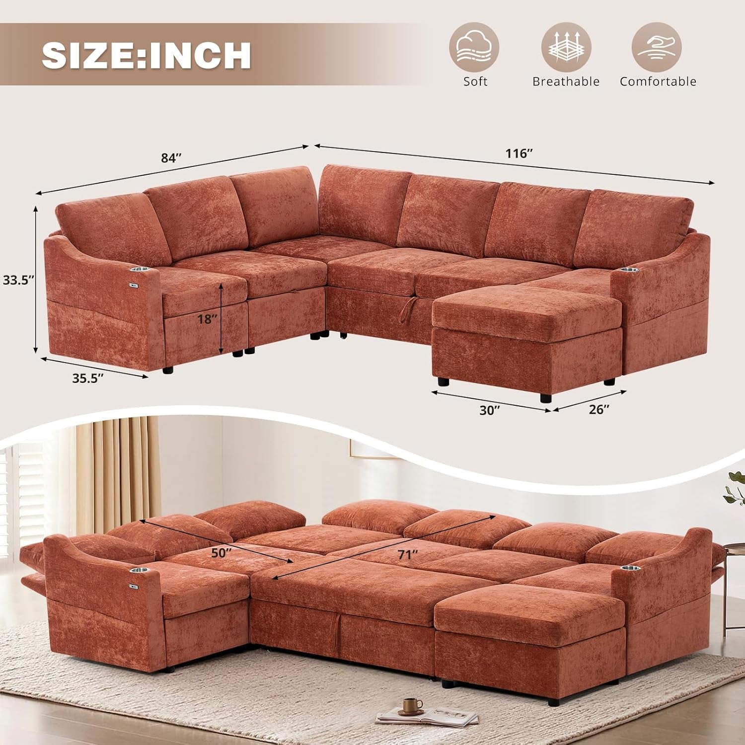 116Inch Orange Chenille Fabric Modular Sleeper Sofa USB