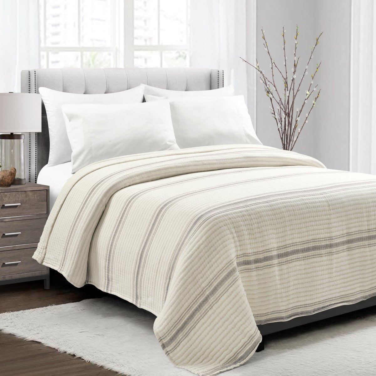 Farmhouse Stripe Kantha Pick Stitch Yarn Dyed Cotton Woven Blanket/Quilt/Coverlet