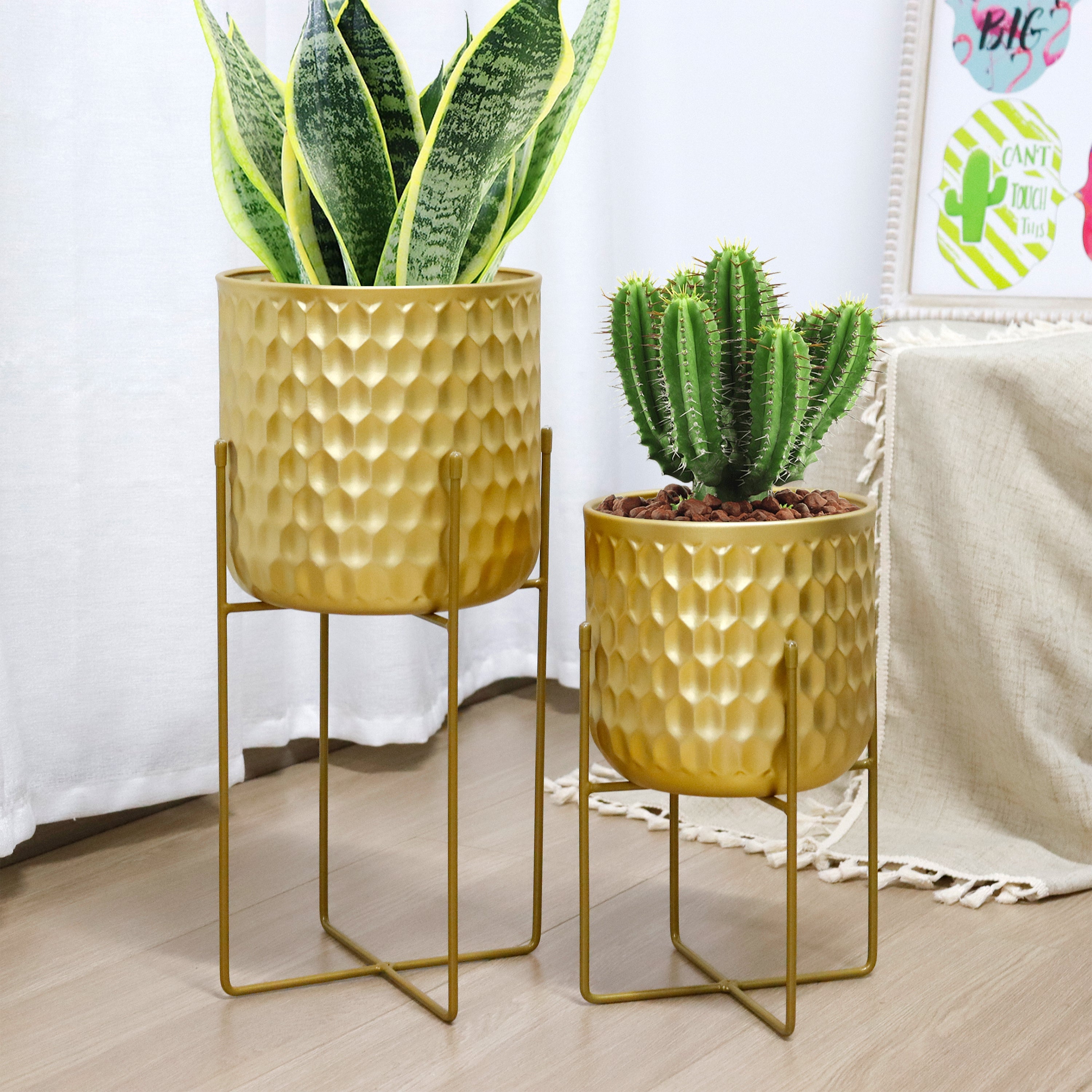 2 Set of 17&12 " Tall  Planters With Stand (Gold)-4
