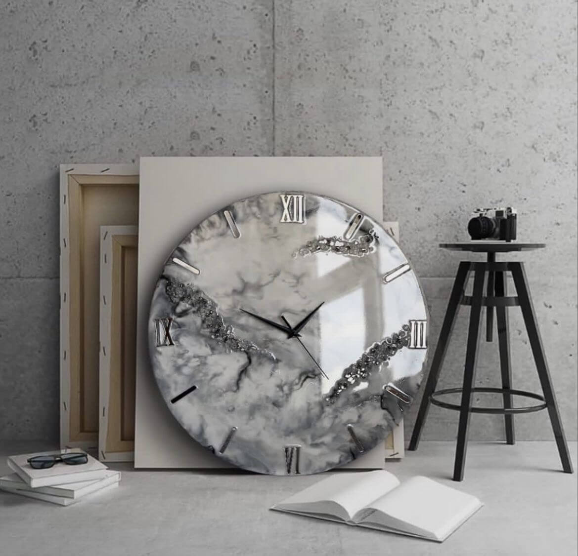 Grey and White Abstract Epoxy Resin Wall Clock For Home Decor-0