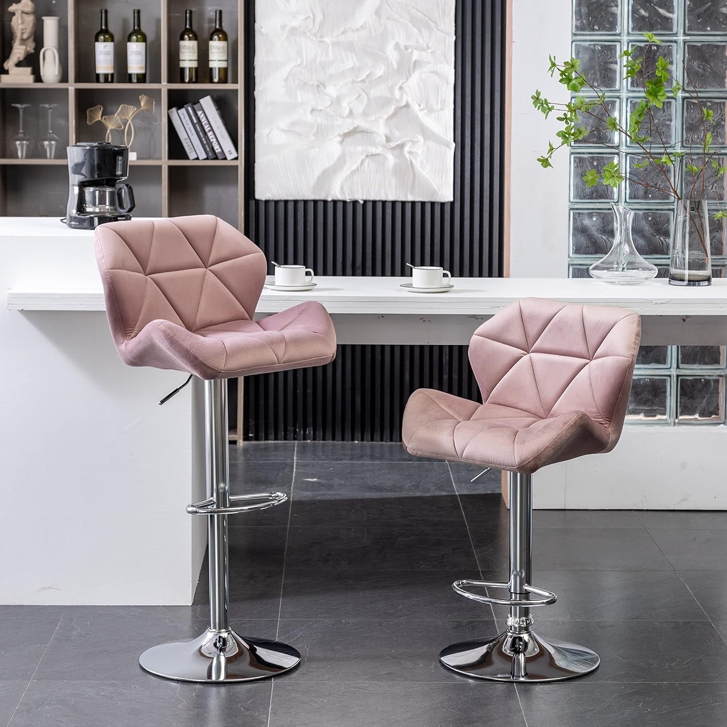 Breni Velvet Diamond Tufted Swivel Bar Stool Set Of 2 Mauve
