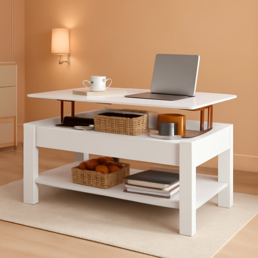 Lift Top Coffee Table With Hidden Compartment And White Finish