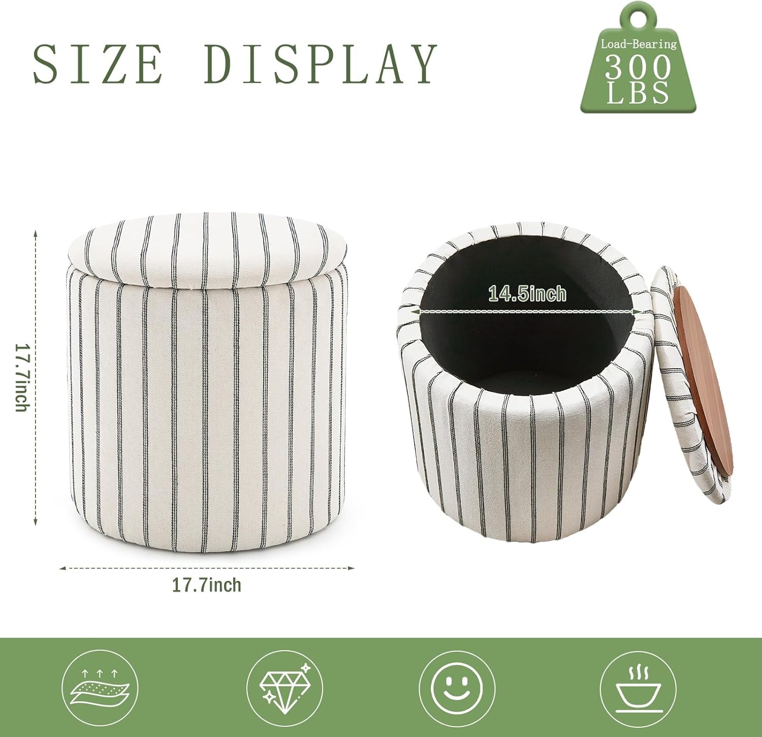 EighteenInch Round Storage Ottoman With Removable Tray