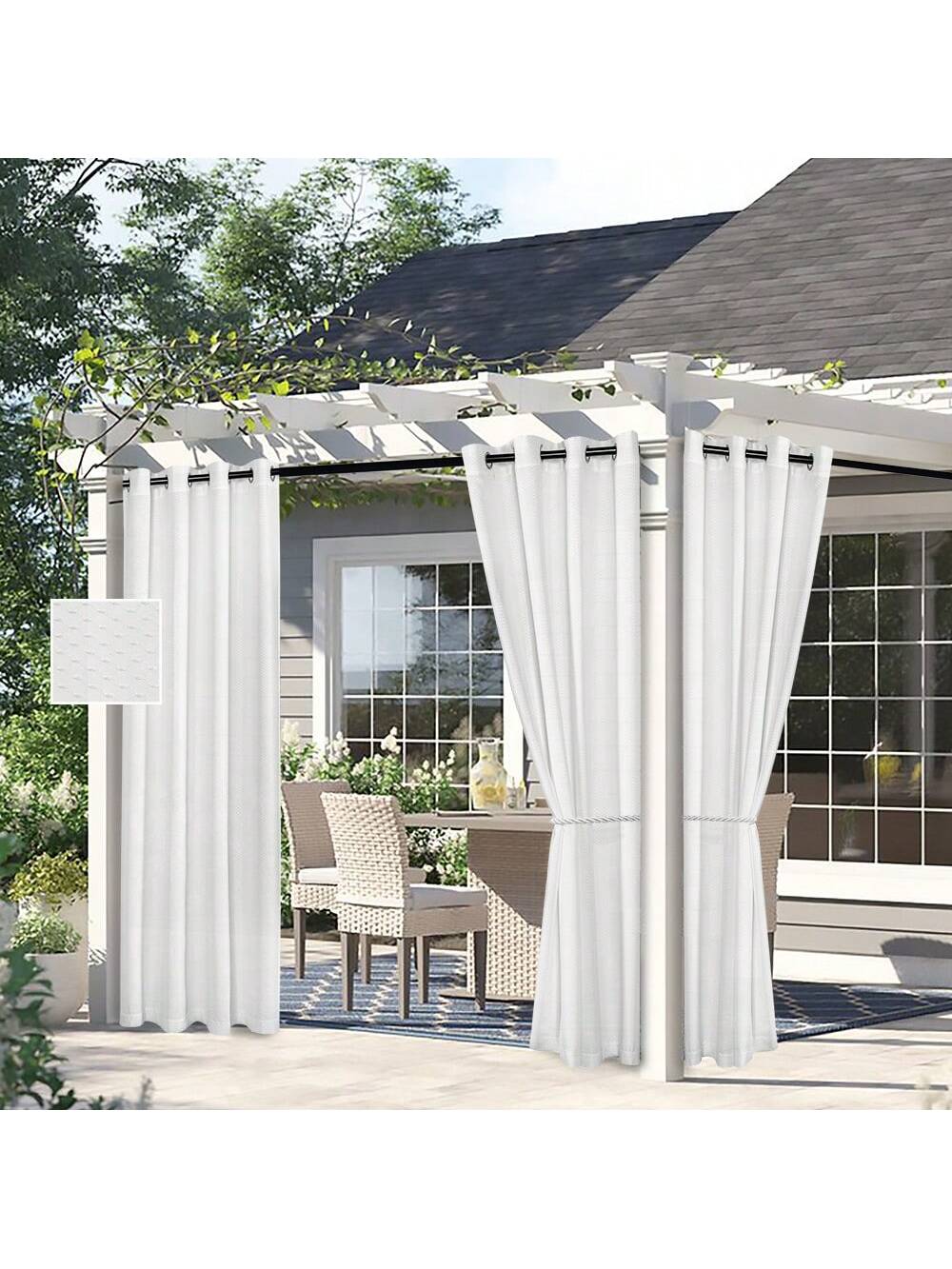 DWCN 2 Panels Geometric Grid Waterproof Outdoor Curtains-1