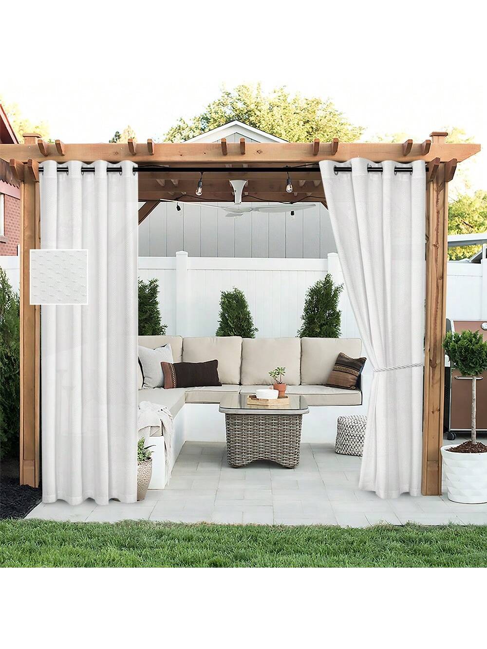 DWCN 2 Panels Geometric Grid Waterproof Outdoor Curtains-0