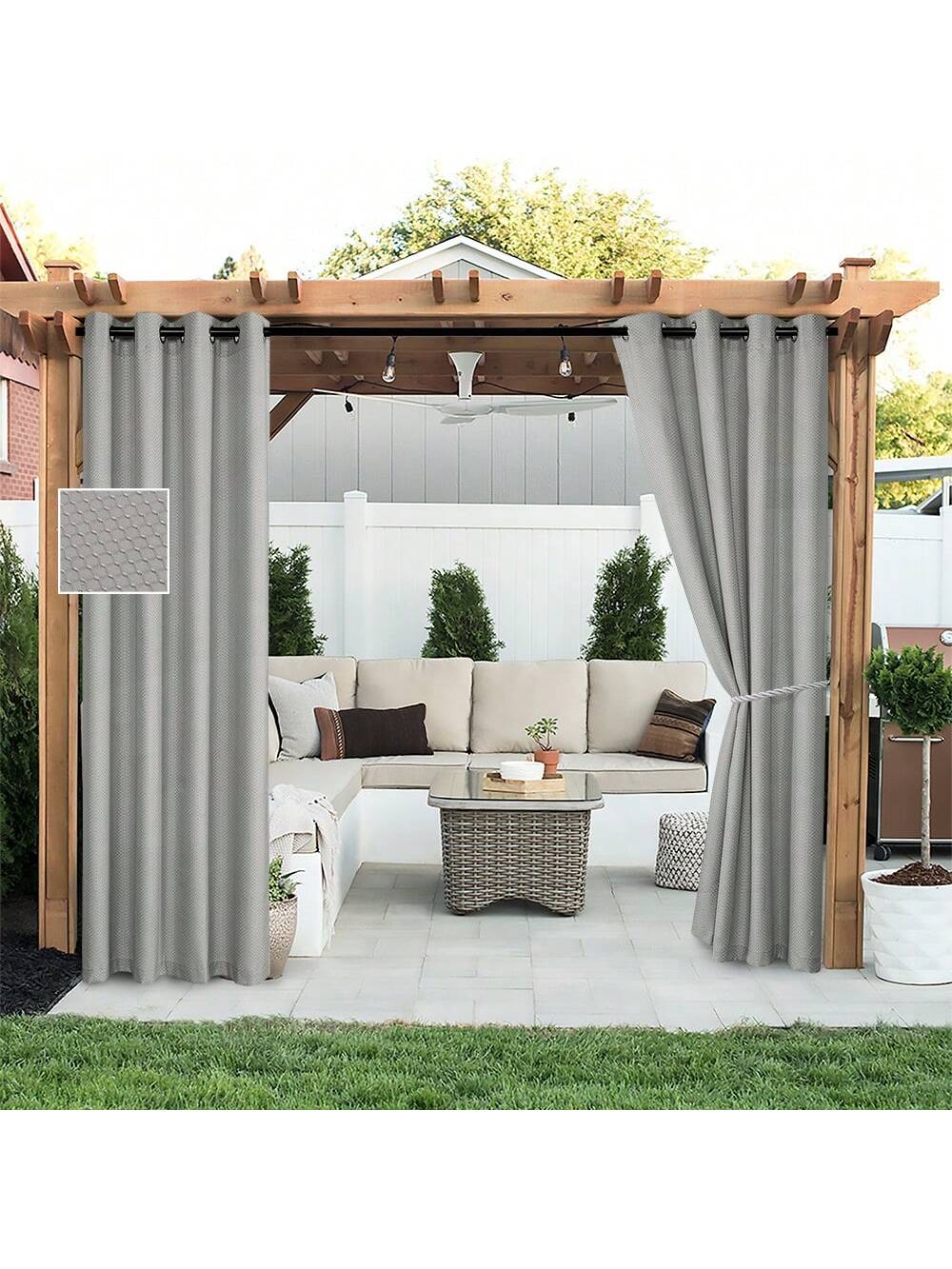 DWCN 2 Panels Geometric Grid Waterproof Outdoor Curtains-6