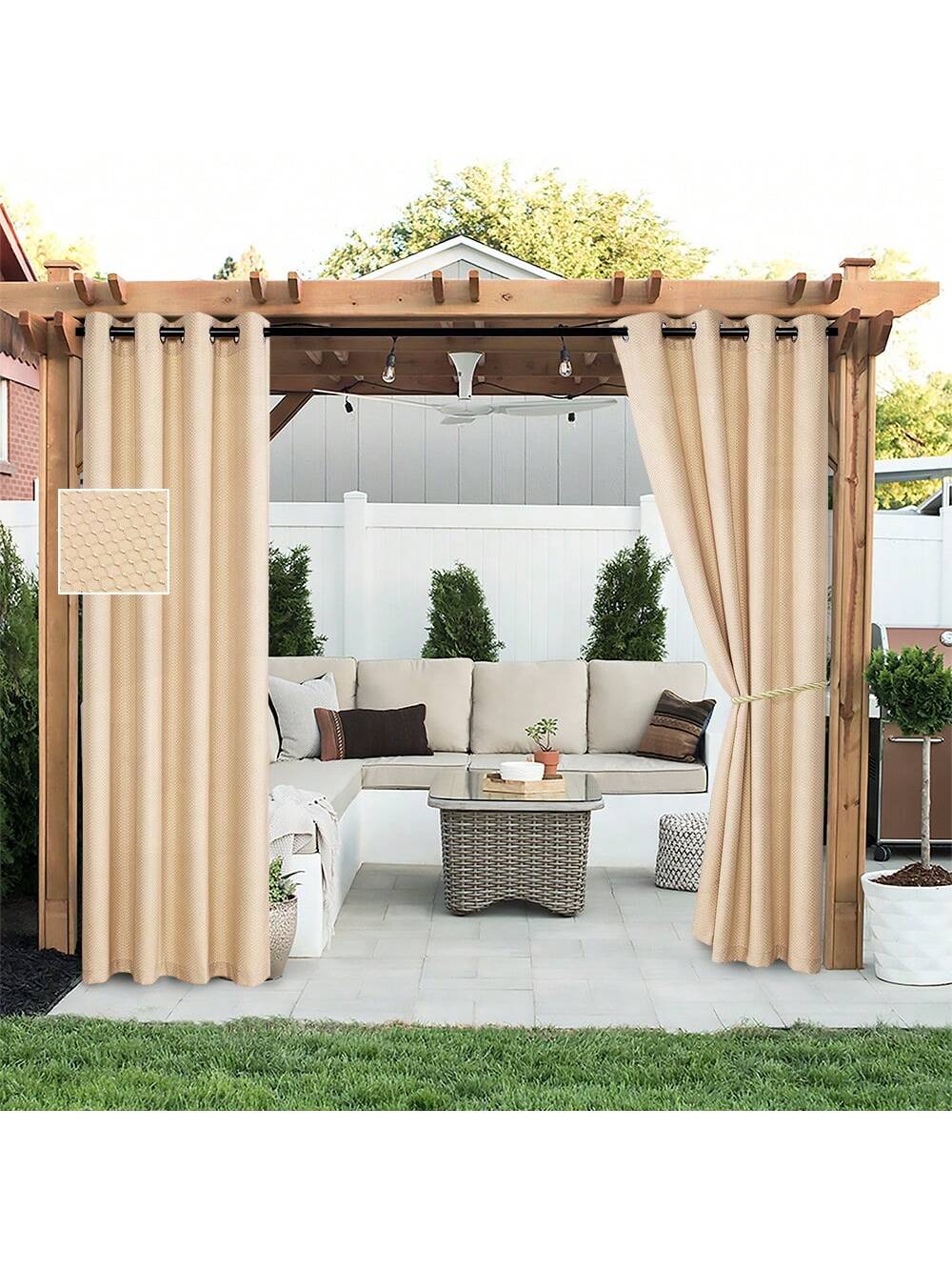 DWCN 2 Panels Geometric Grid Waterproof Outdoor Curtains-5