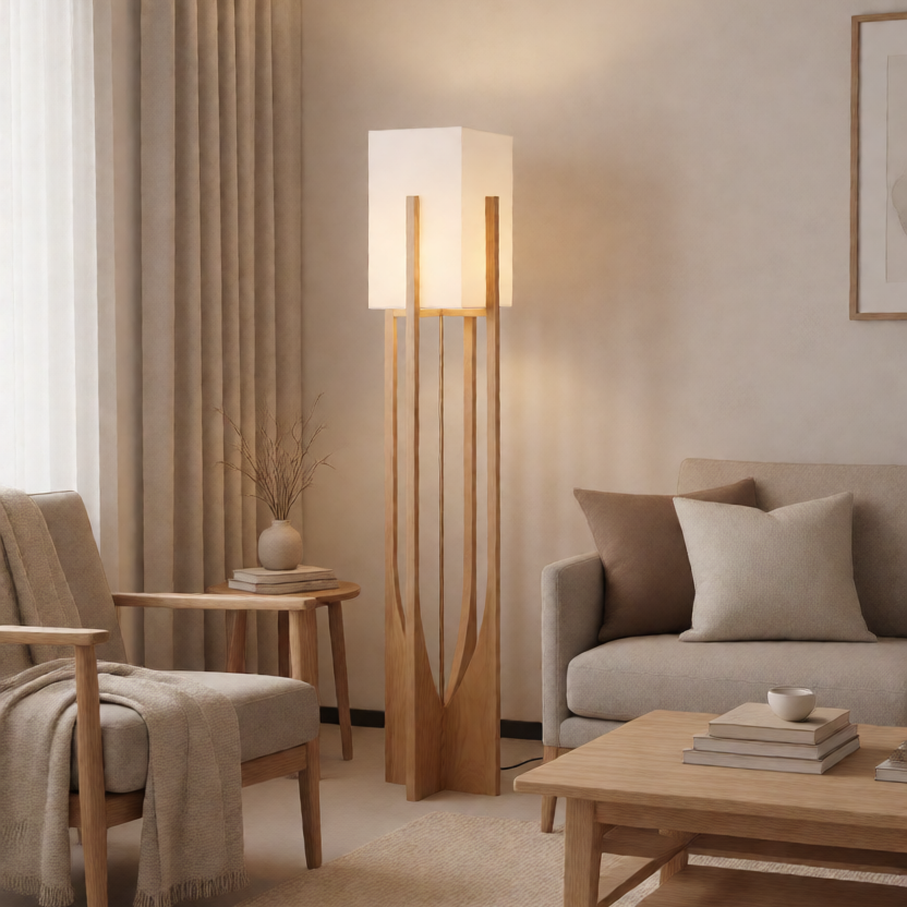 Minimalist Japanese Zen Floor Lamp, Solid Wood Standing Lamp with Soft Fabric Shade-2