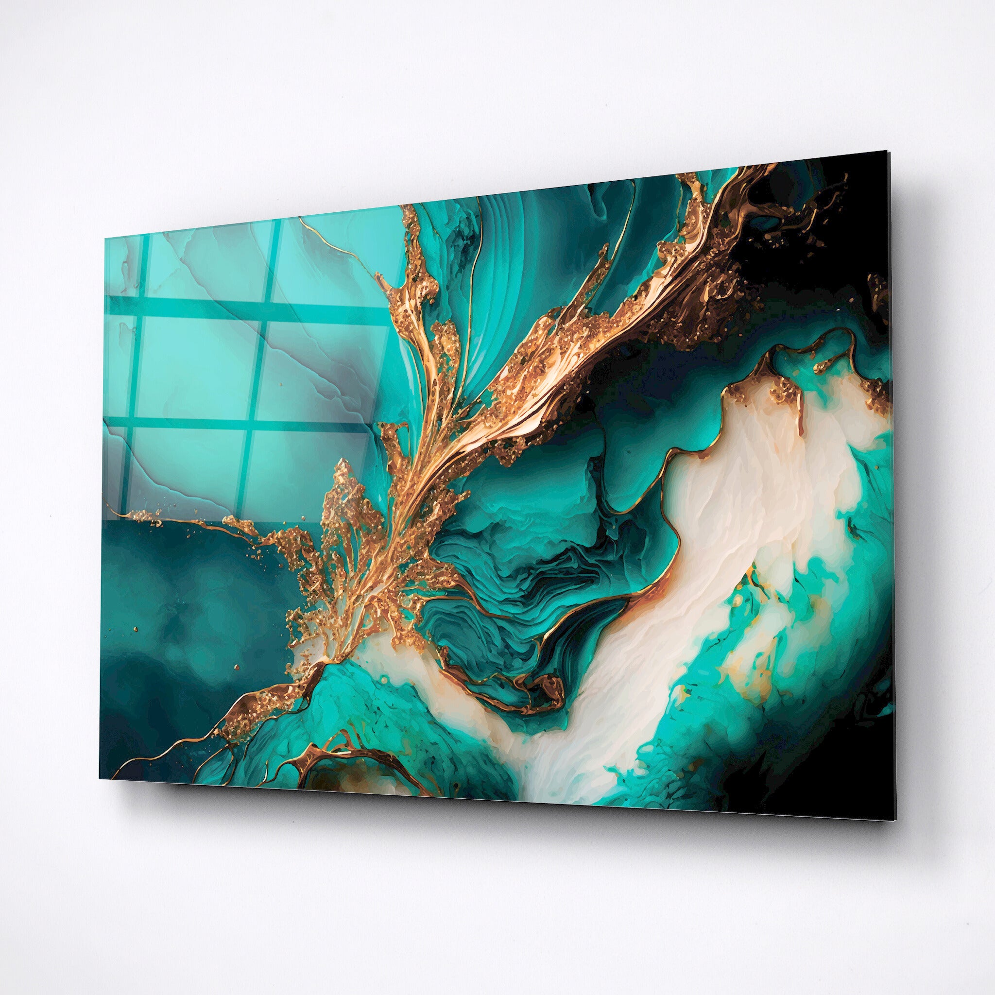 Golden branch on emerald marble print