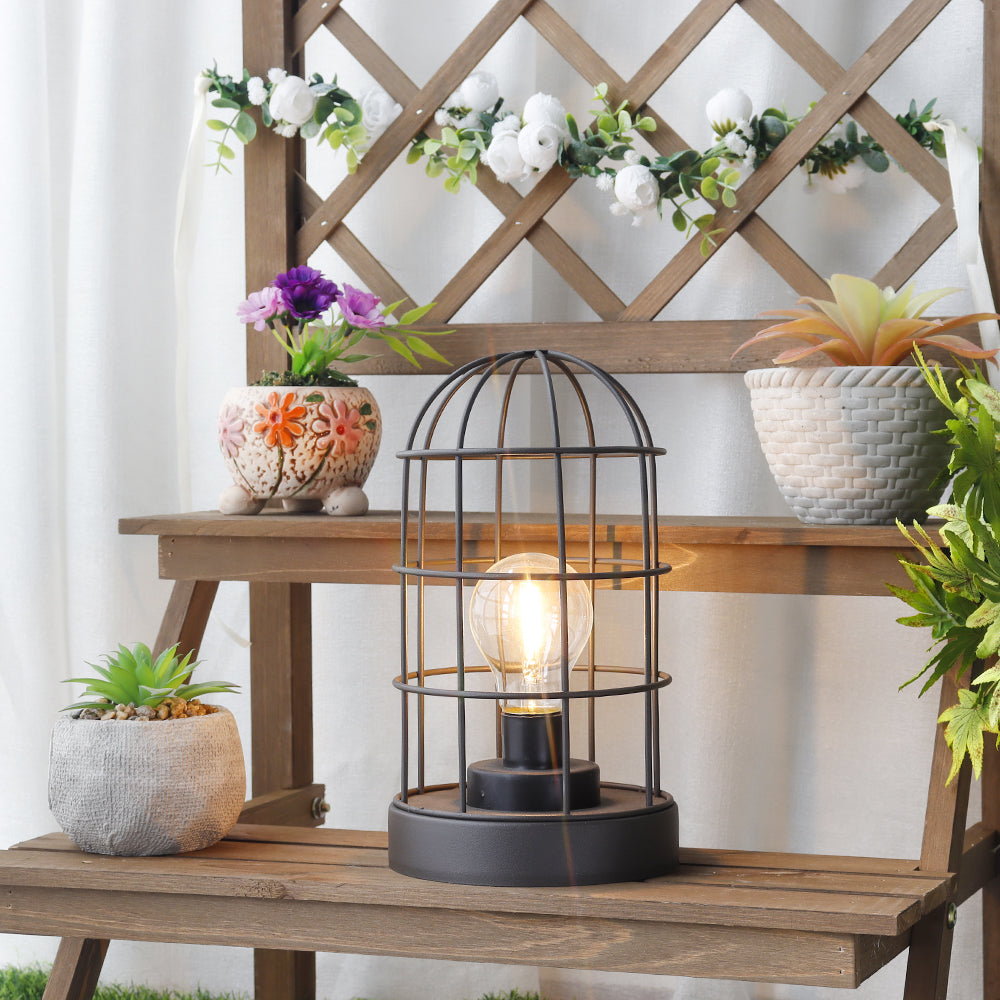 9.5''H Decorative Table Lamp Metal Cage Cordless Lamps with LED Bulb(Black)-4