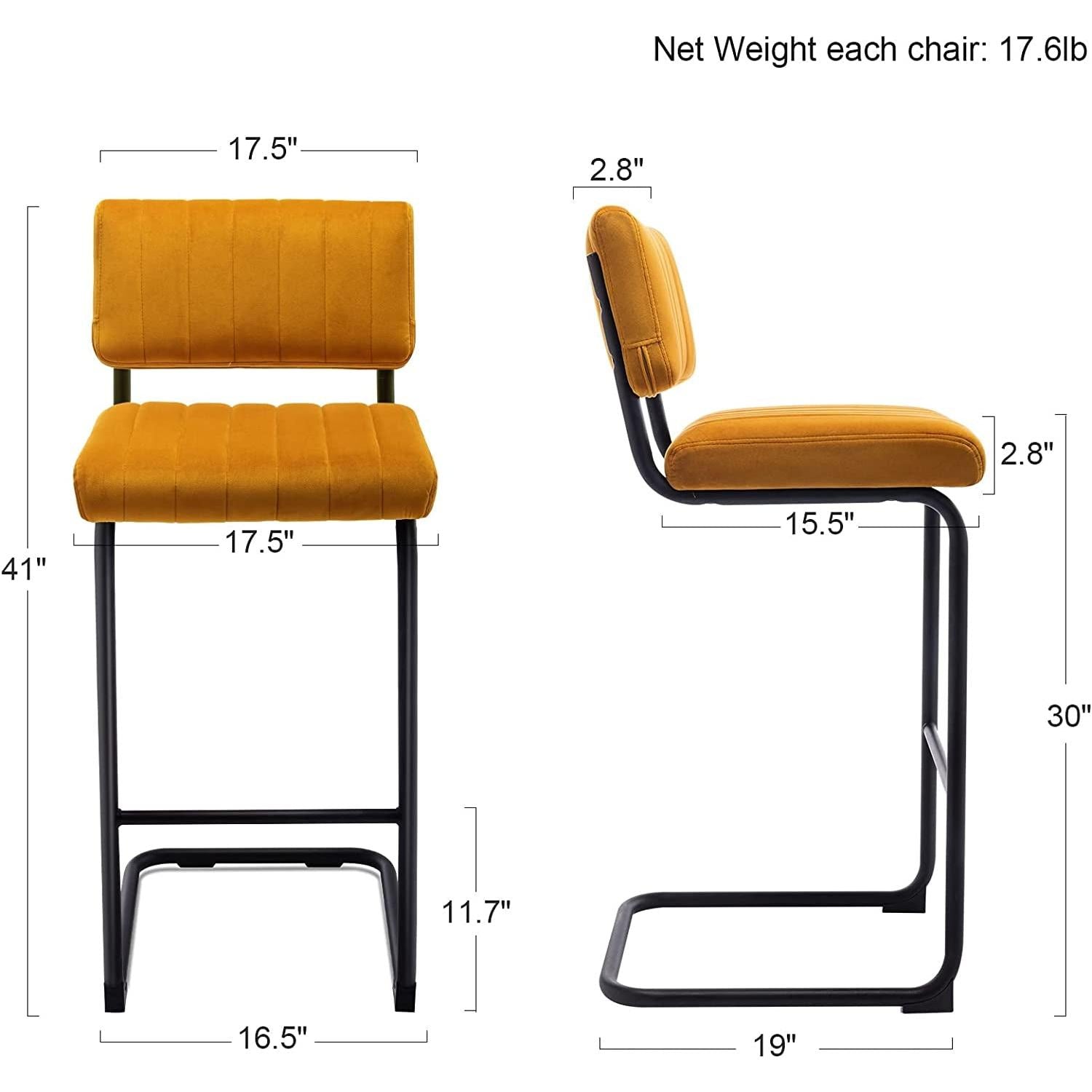 Velvet Bar Height Stools Orange Cantilever Set of 2