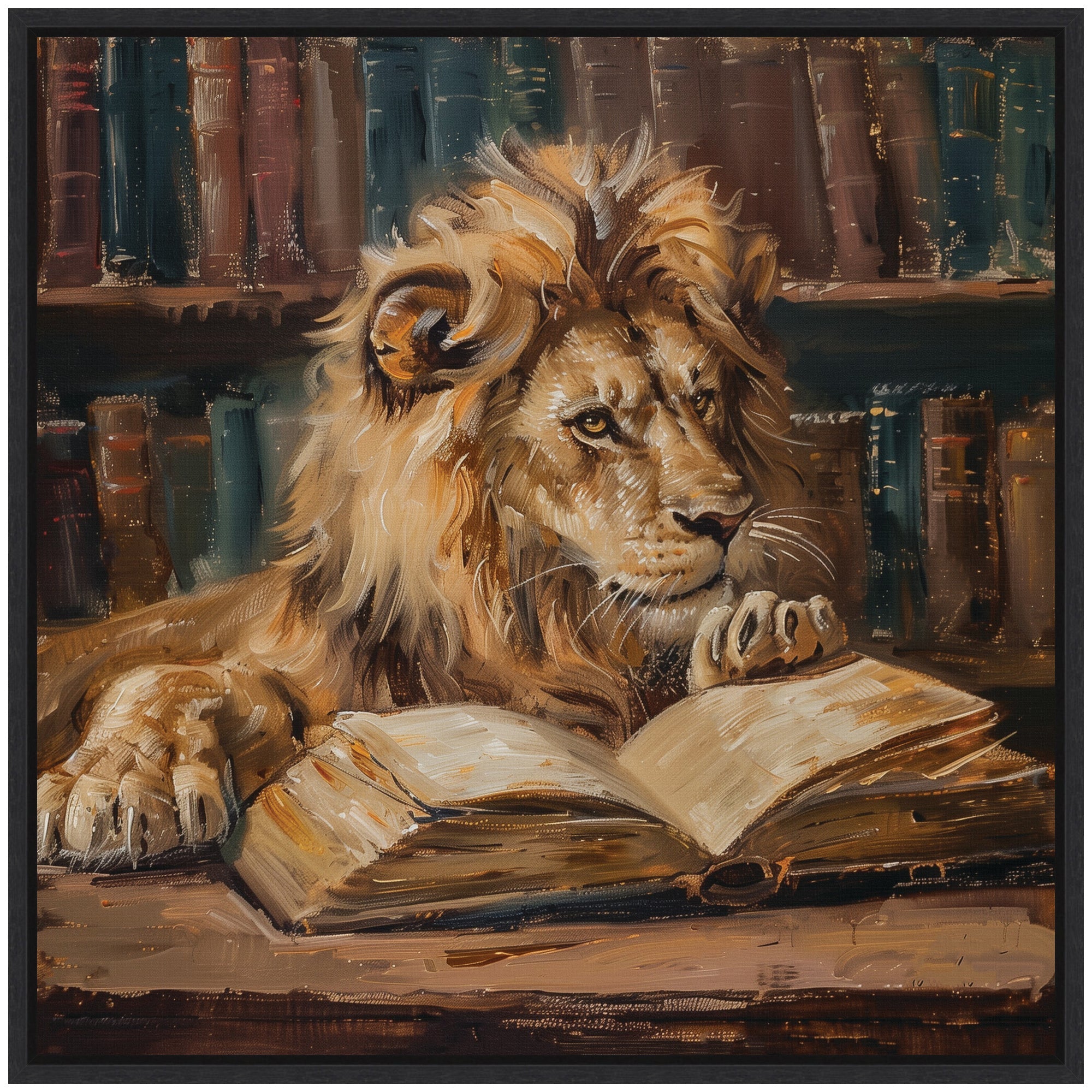 Sylvie Traditional Lion Reading in Library Framed Canvas by The Creative Bunch Studio