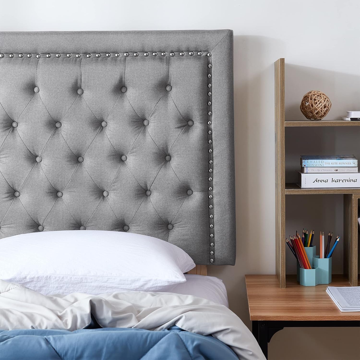 Tufted Linen Gray Dorm Headboard with Nailhead Trim