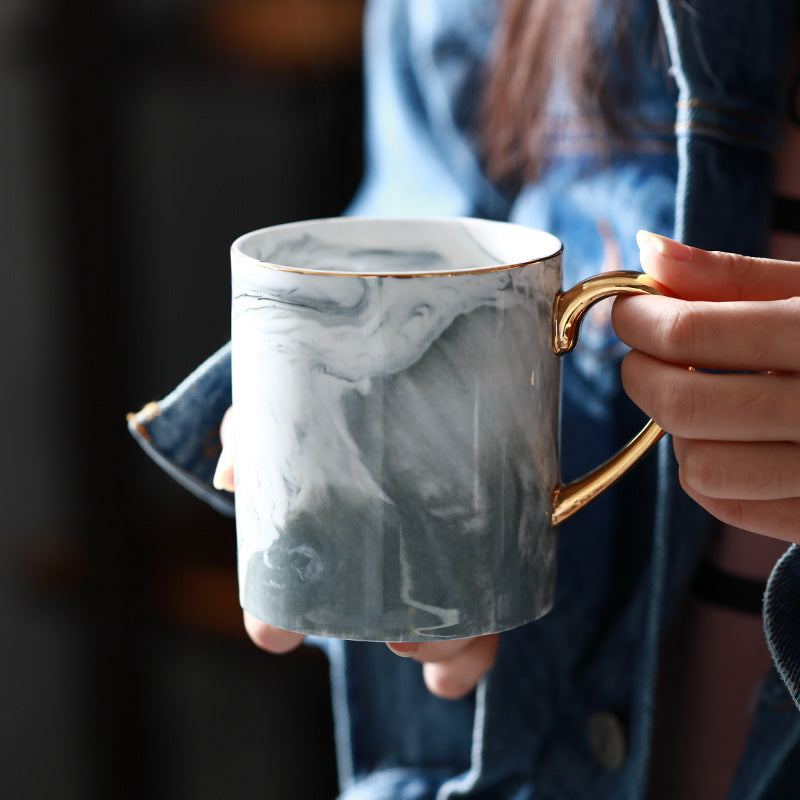 Creative Ceramic Mug With Marble Pattern And Gold Handle-2