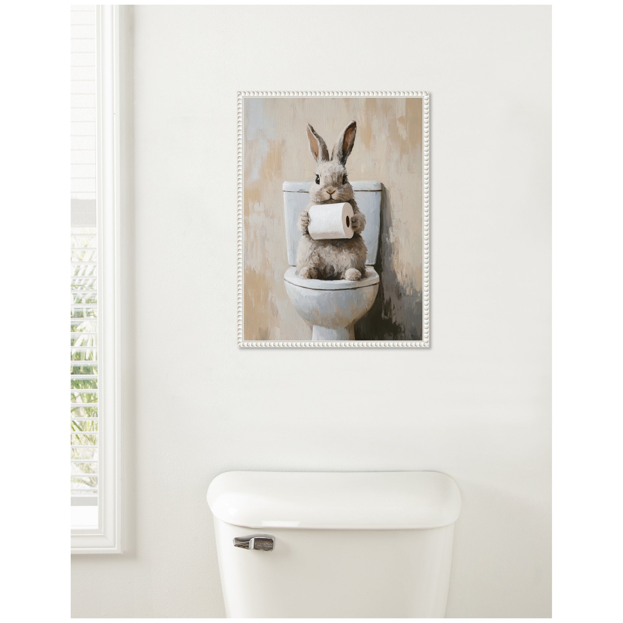 Sylvie Cute Bunny Toilet Paper Roll Toilet Bathroom Art Framed Canvas by The Creative Bunch Studio