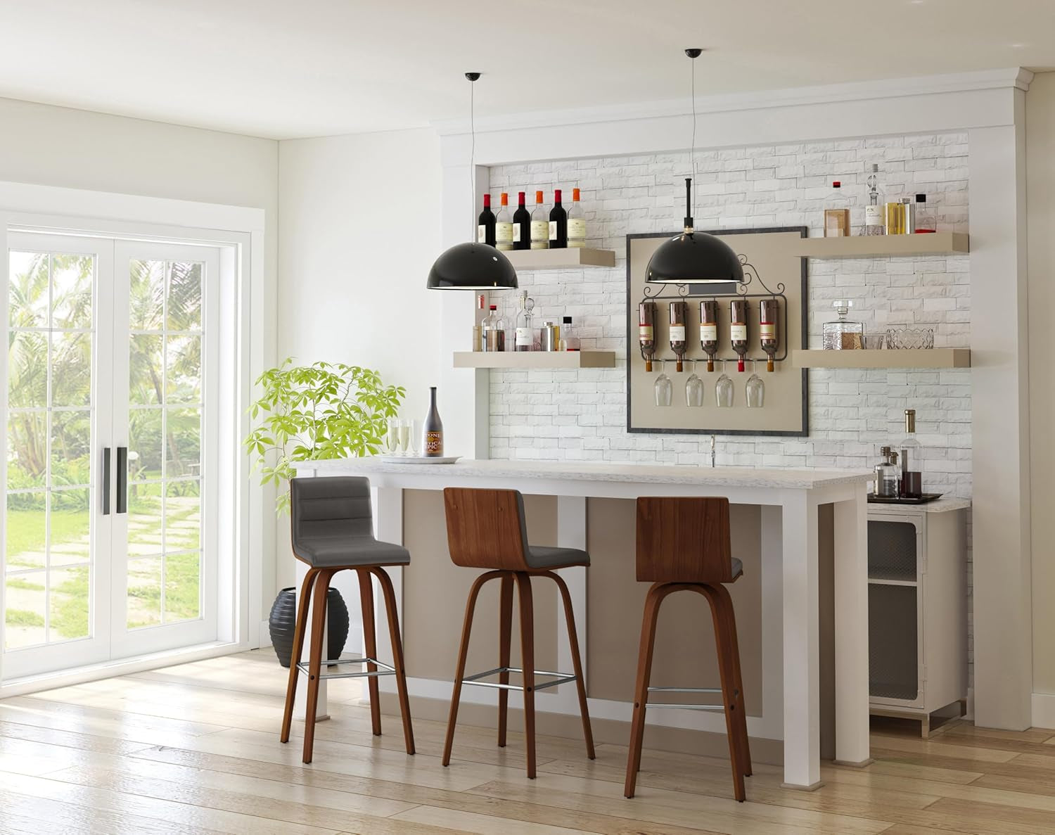 Mid-Century Modern Barstool Grey Faux Leather Wood Finish