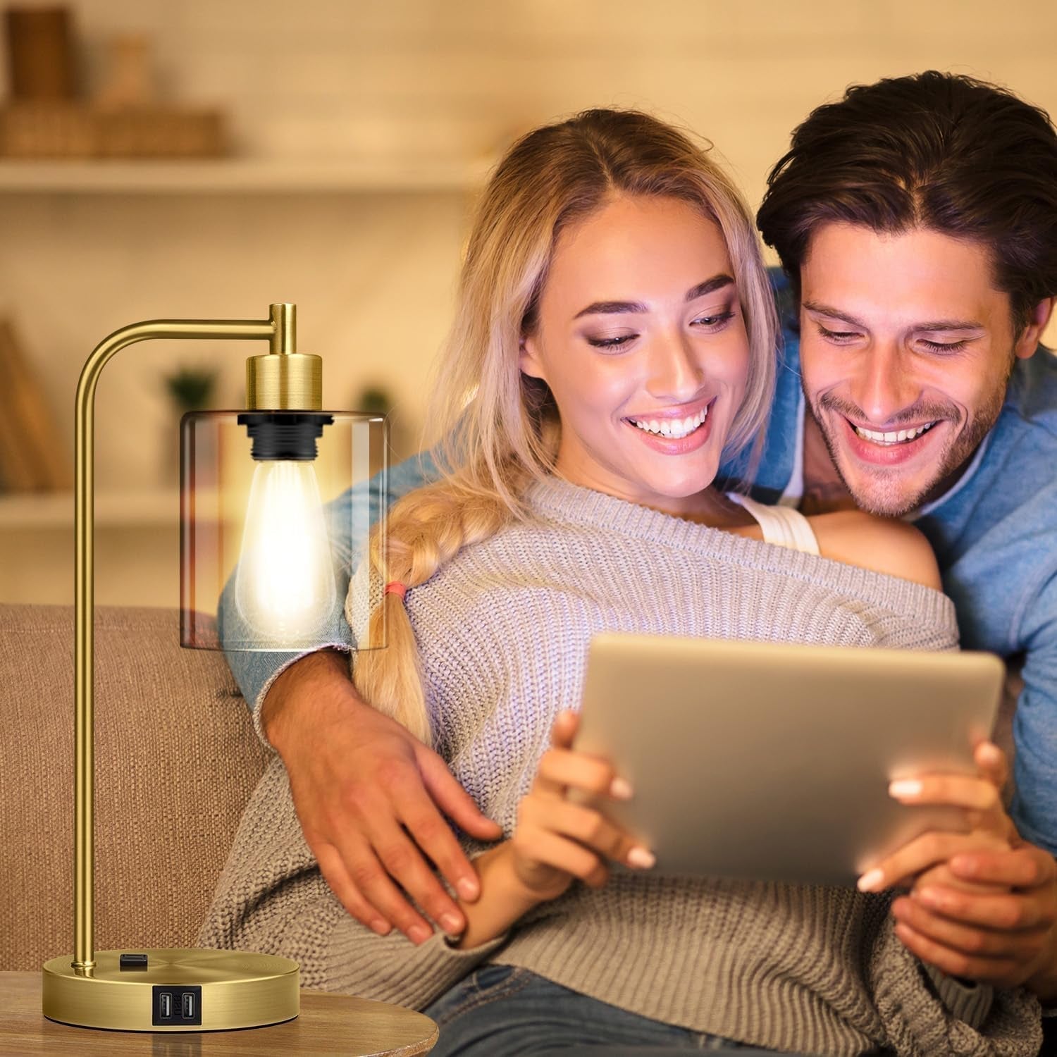 Industrial Touch Table Lamps Set Of 2 With USB Ports And AC Outlet Brass