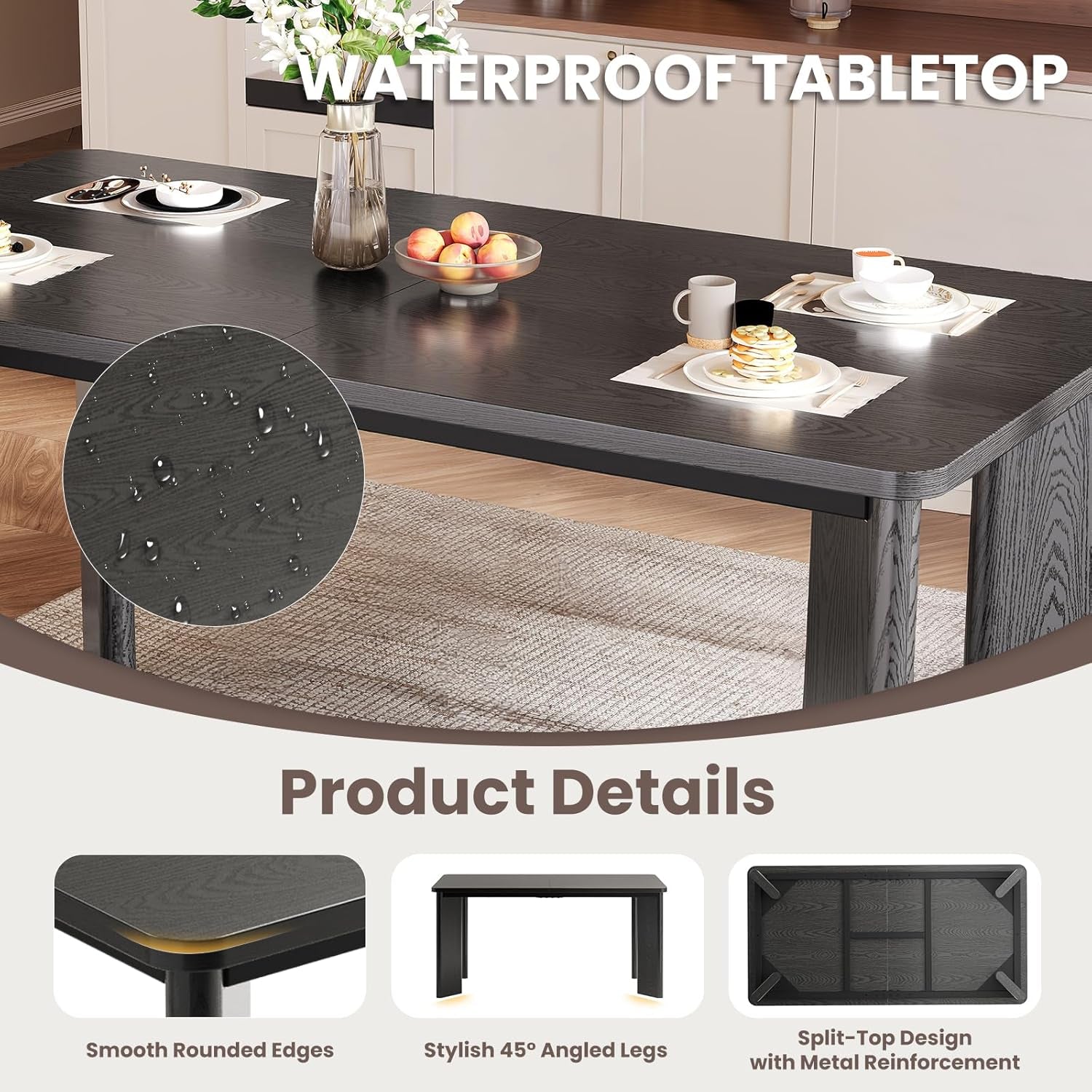 63 Inch Black Rectangular Dining Table Industrial Sturdy