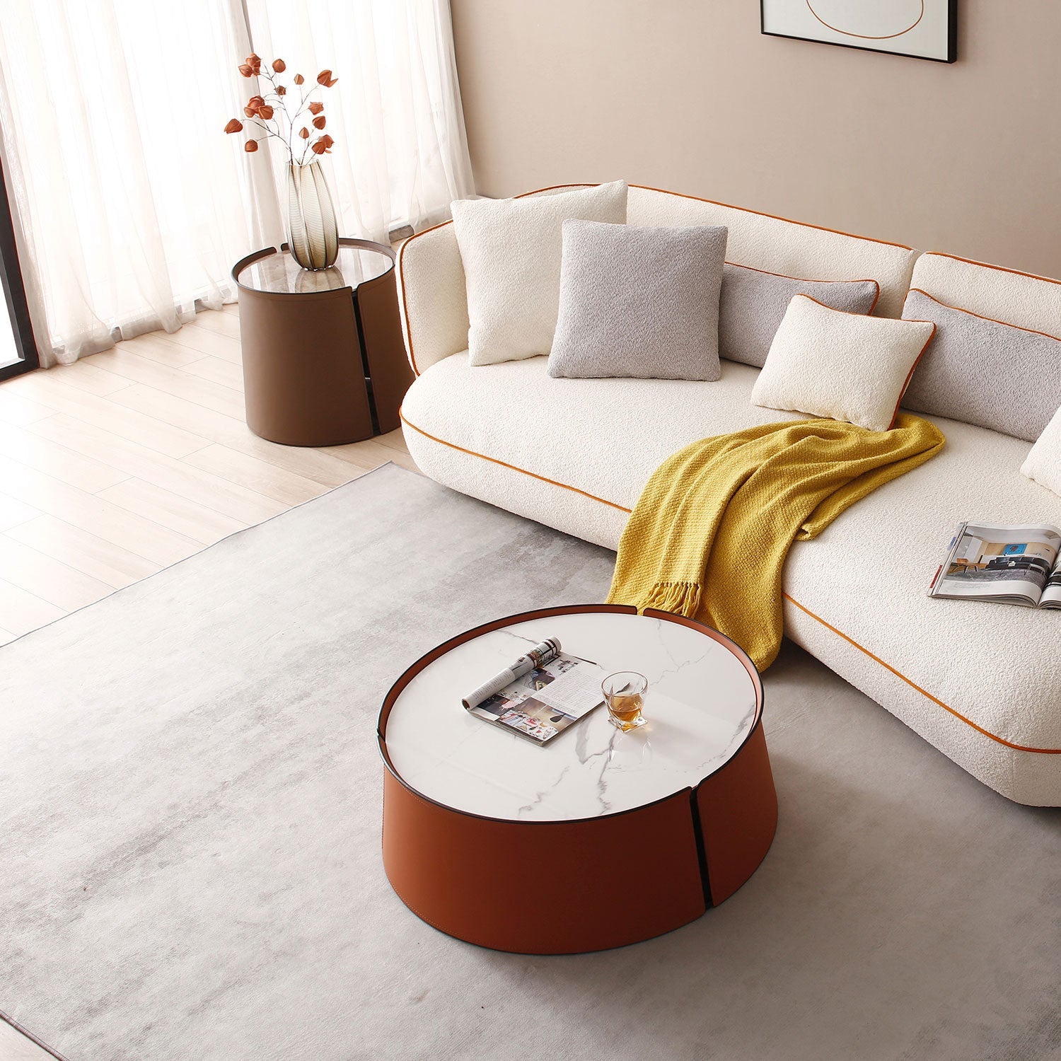 31.5" Coffee Table, Marble Top and Orange Saddle Leather Body-4