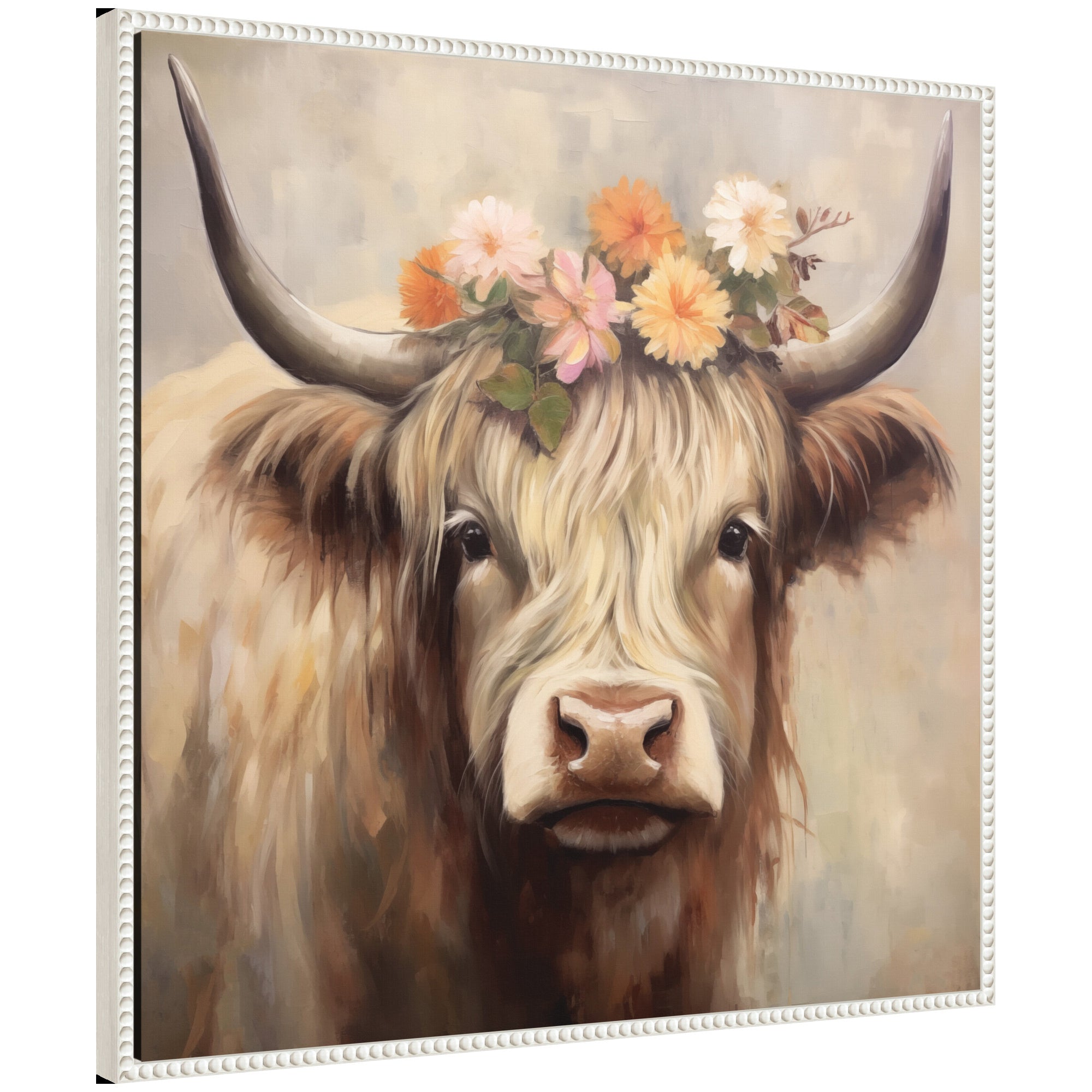 Sylvie Adorable Floral Boho Highland Cow Framed Canvas by The Creative Bunch Studio