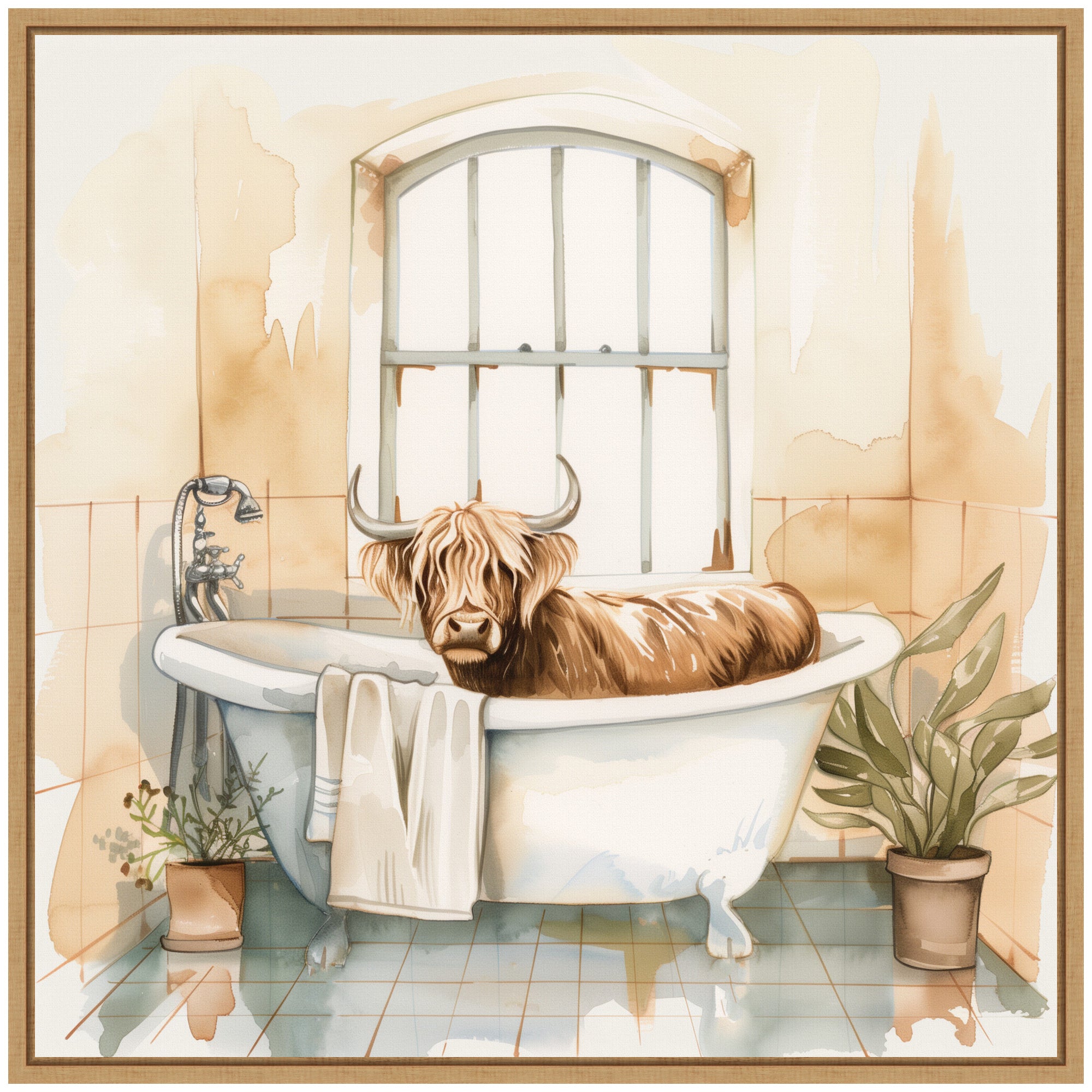 Sylvie Highland Cow Bathroom Watercolor Framed Canvas by The Creative Bunch Studio