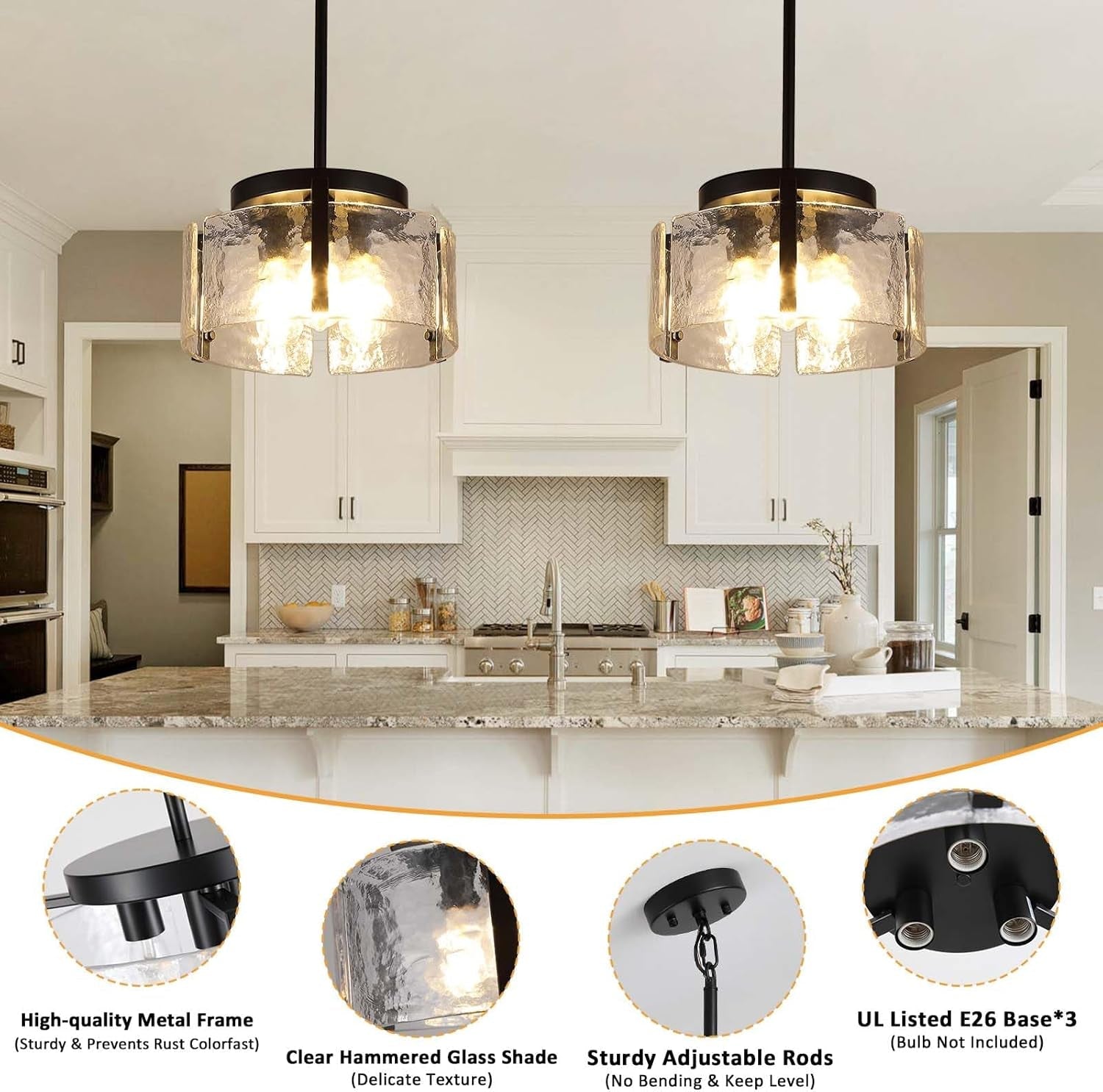 Black Adjustable Farmhouse Chandelier For Dining Room With Hammered Glass-3