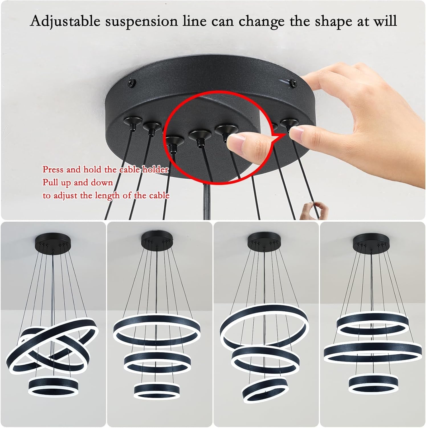 Black Adjustable LED Three Ring Pendant Light Fixture-3