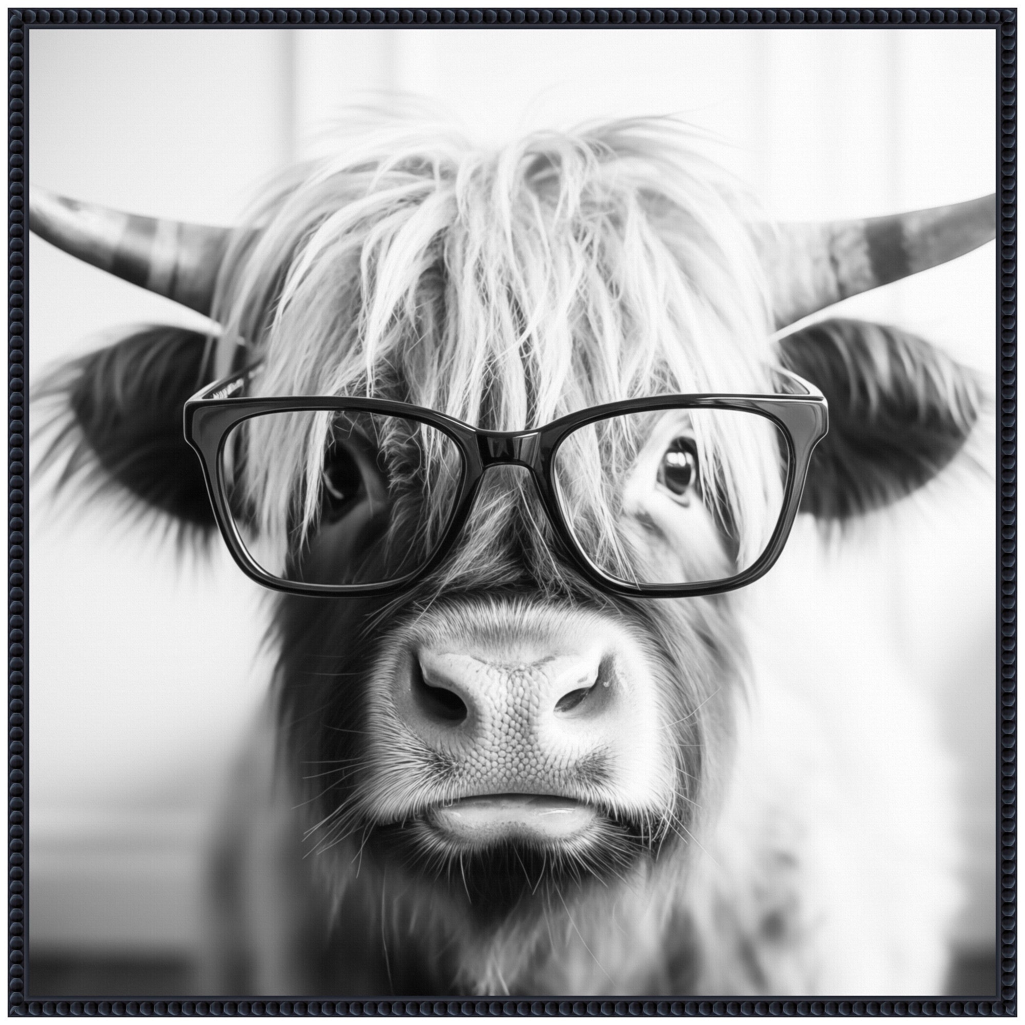 Sylvie Black and White Highland Cow in Reading Glasses Framed Canvas by The Creative Bunch Studio
