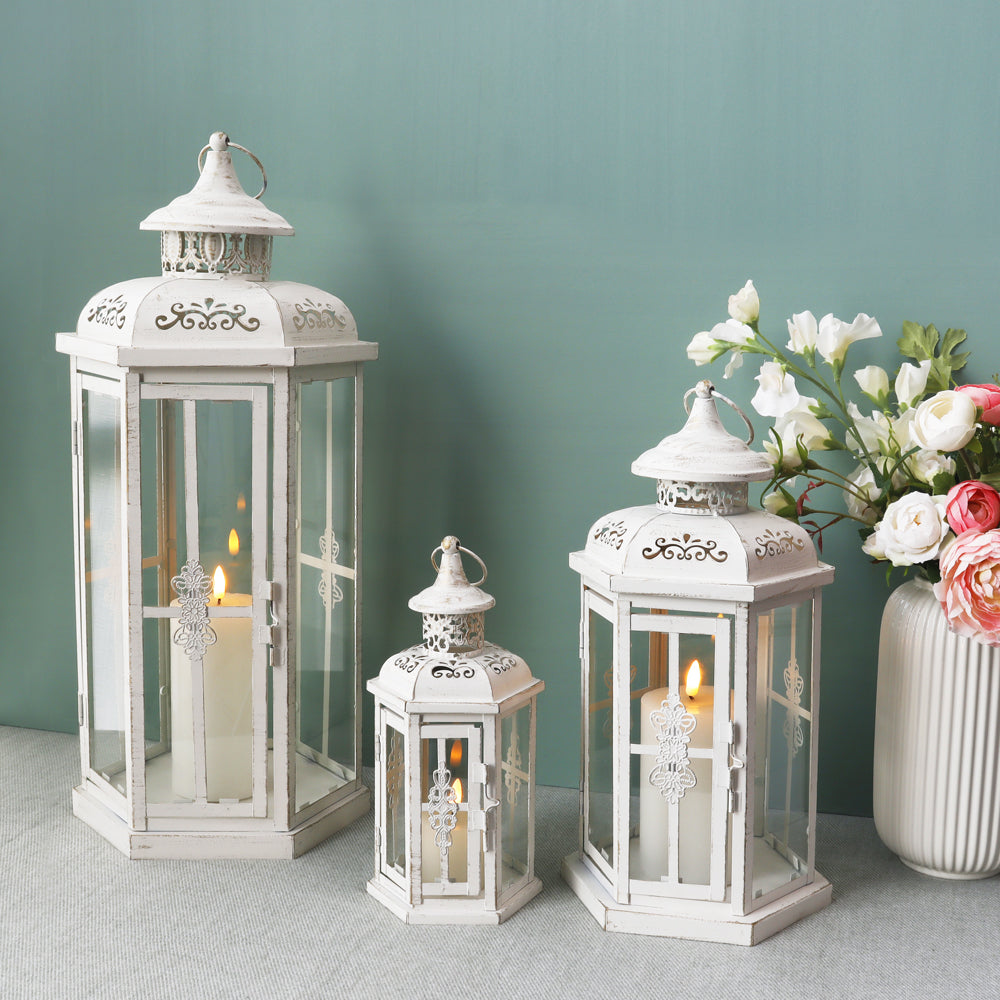 20''&14"&10" H Outdoor Candle Lanterns (White with Gold Brush)-0