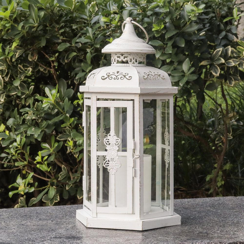 12" H Medium Candle Lantern for Indoor Outdoor(White with Gold Brush)-4