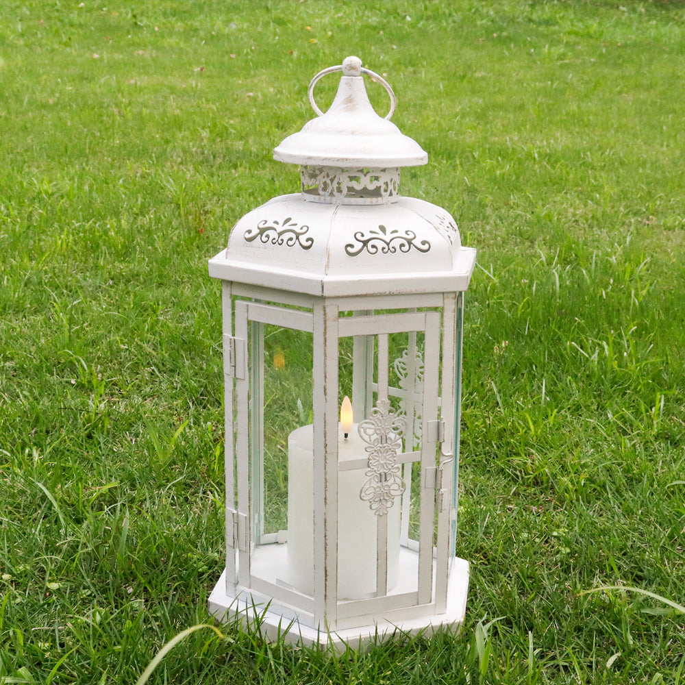 12" H Medium Candle Lantern for Indoor Outdoor(White with Gold Brush)-2