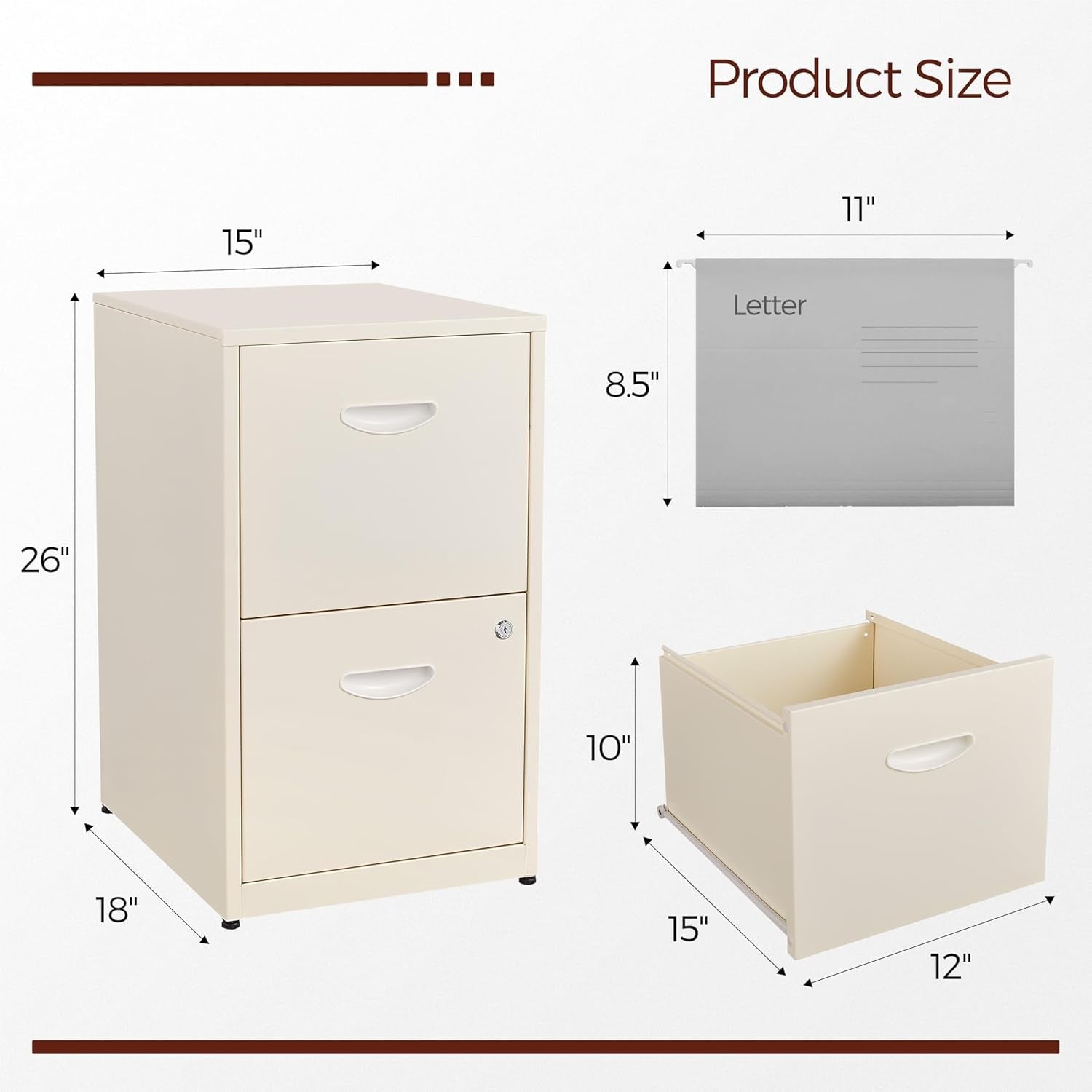 Cream Metal 2 Drawer Locking File Cabinet For Hanging Files A4 And Letter Documents