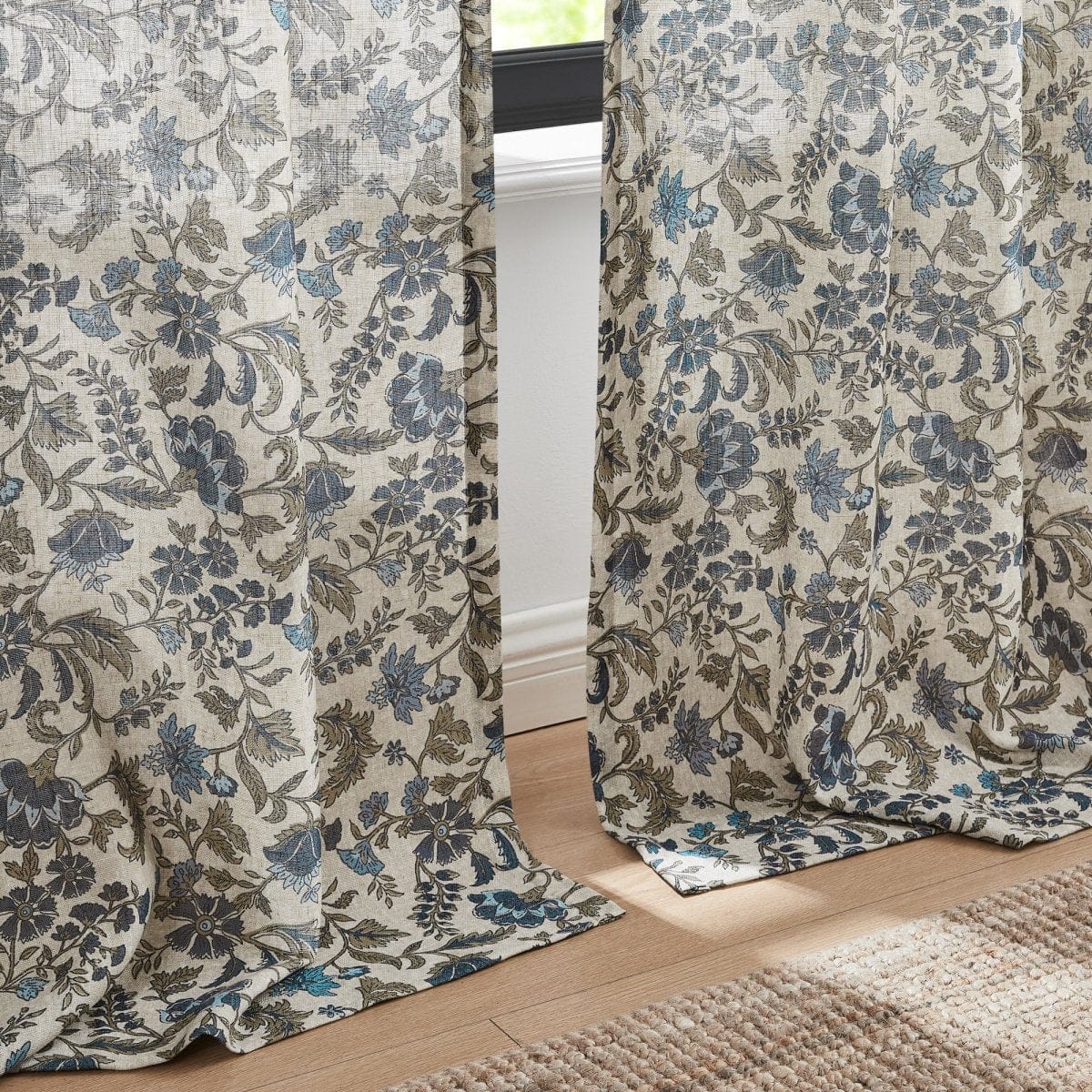 Lillian Block Print Linen Textured Window Curtain Panels