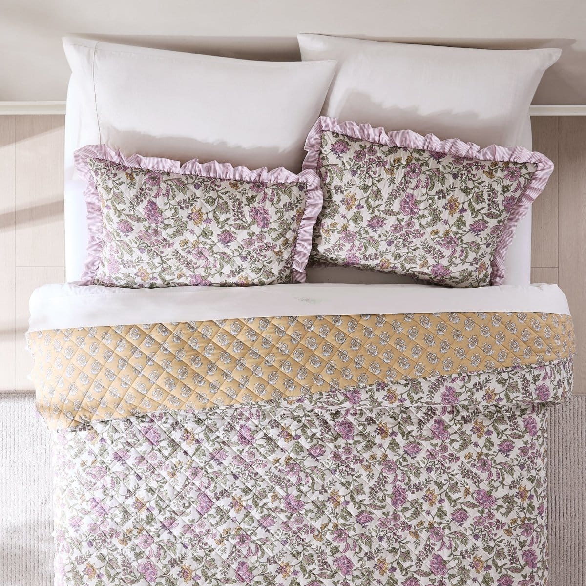 Lola Block Print Ruffle Reversible Floral Quilt Set