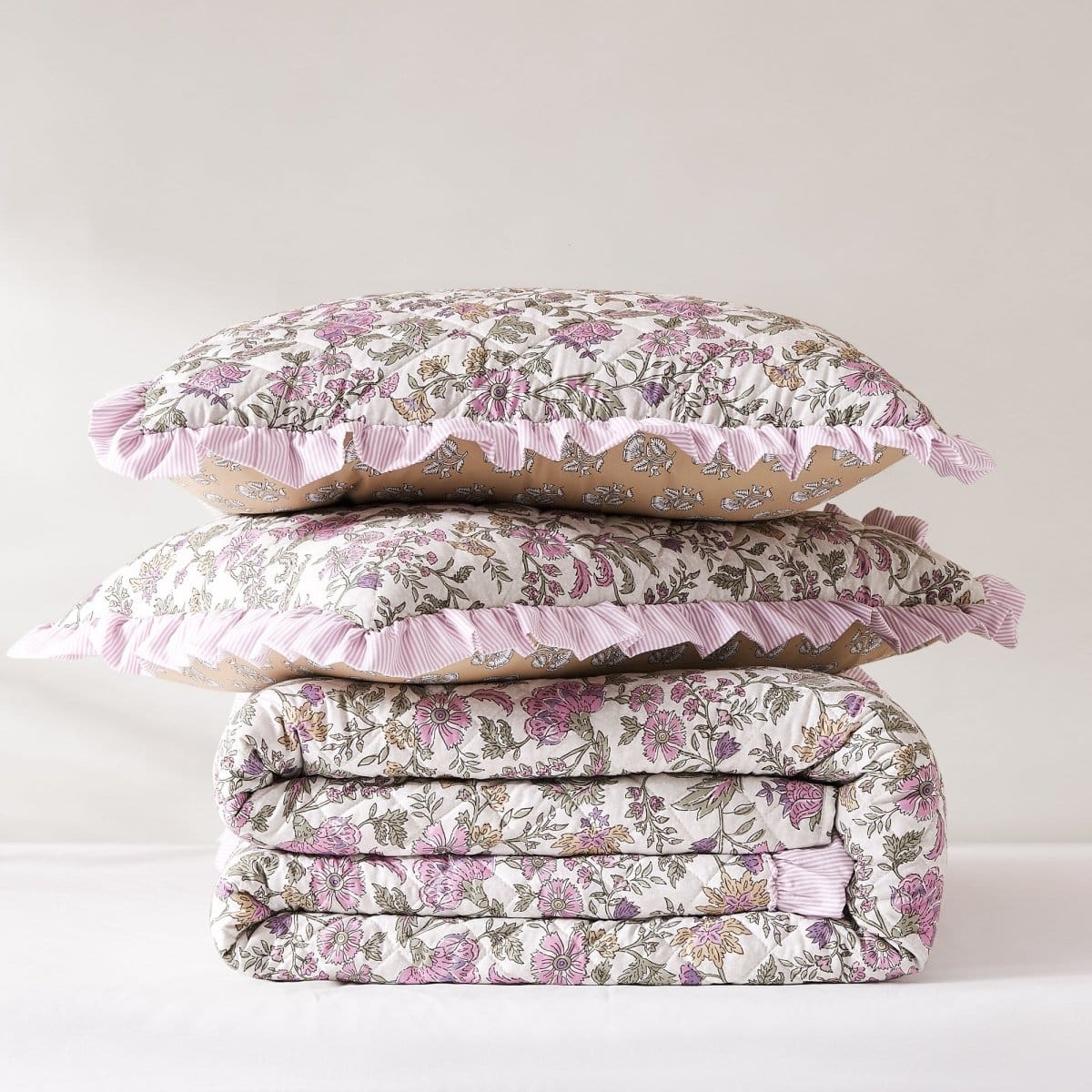 Lola Block Print Ruffle Reversible Floral Quilt Set