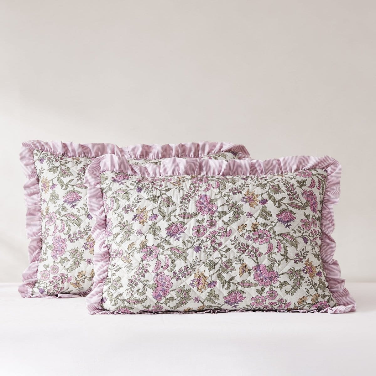 Lola Block Print Ruffle Reversible Floral Quilt Set
