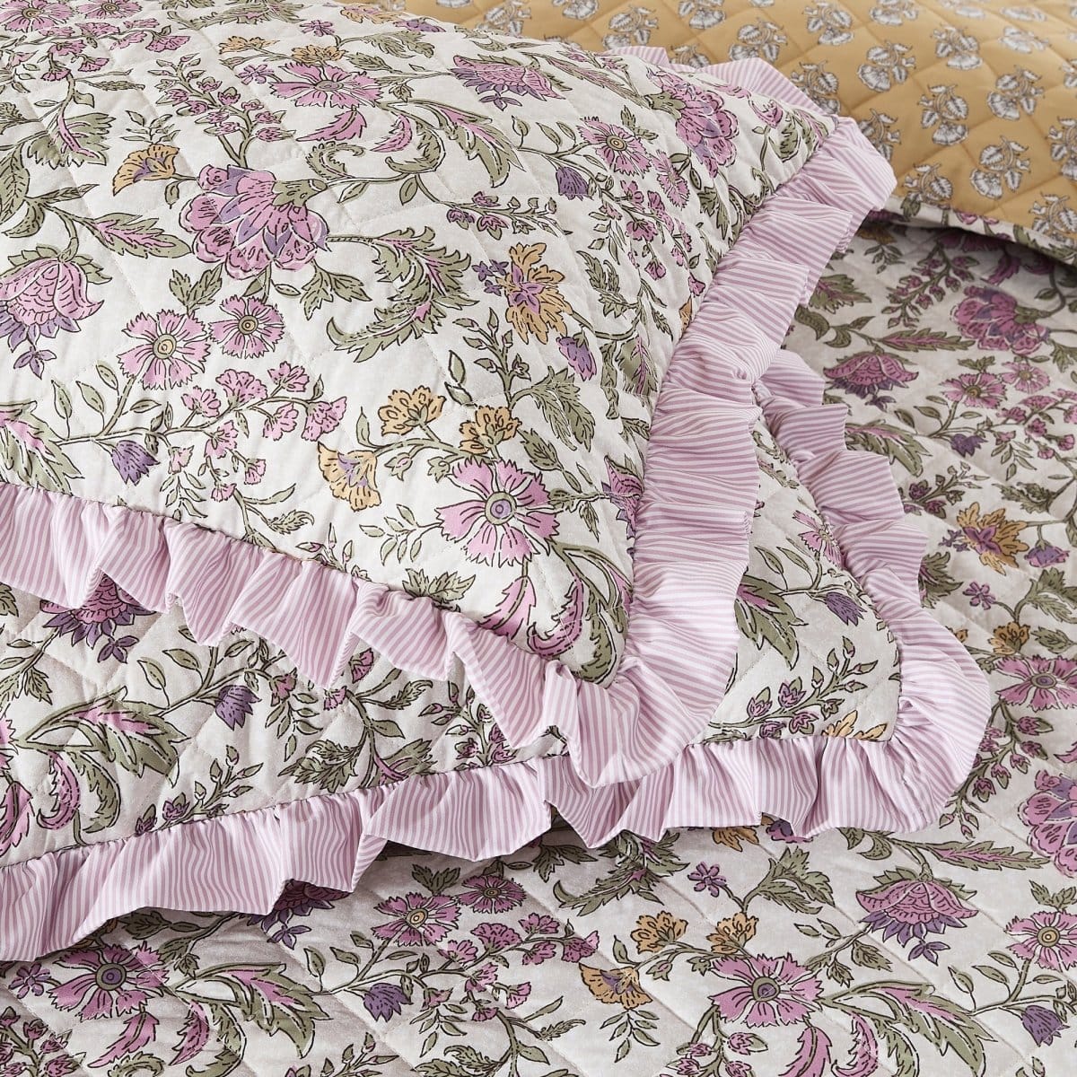 Lola Block Print Ruffle Reversible Floral Quilt Set