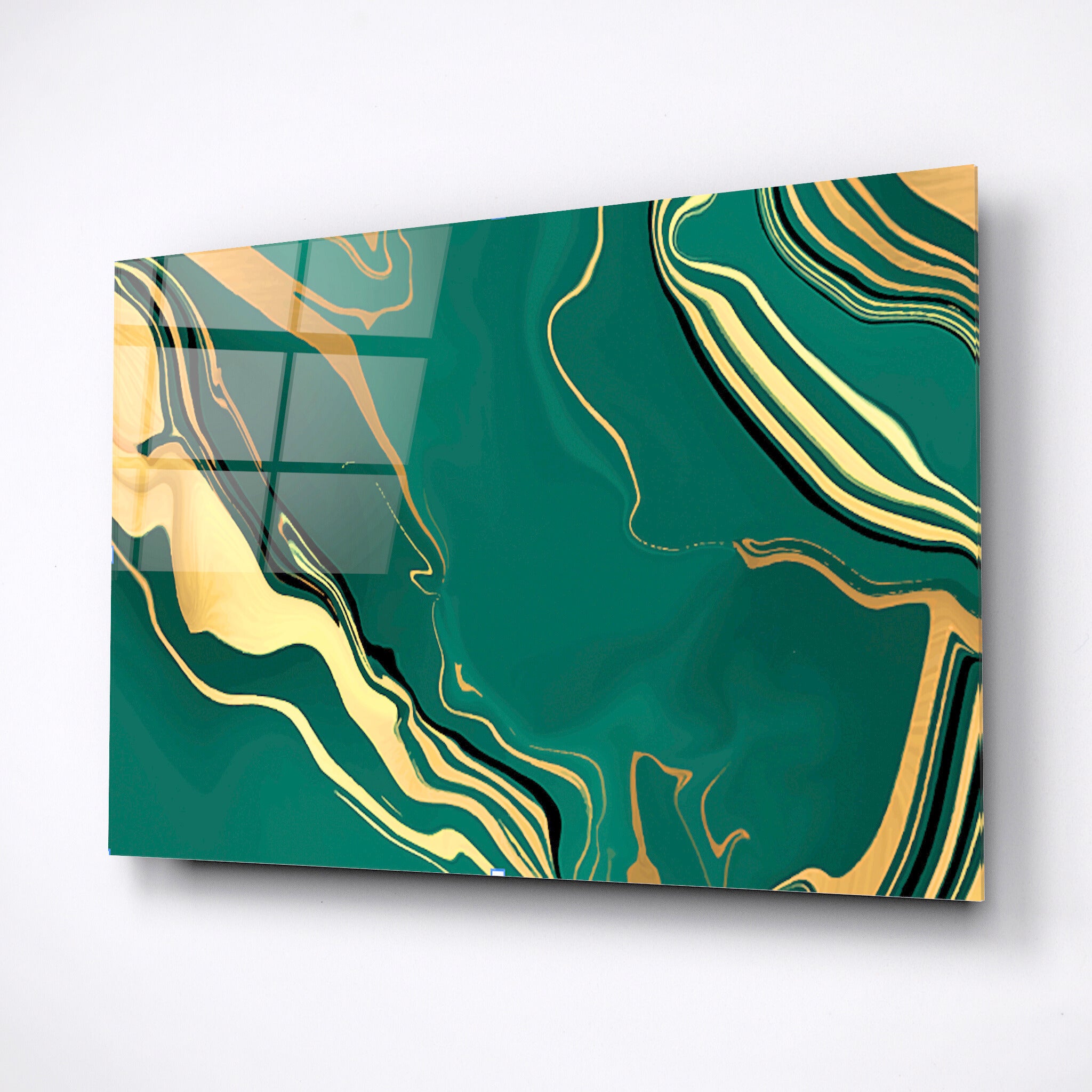 Tempered glass wall art, large wall print, green painting, gold line